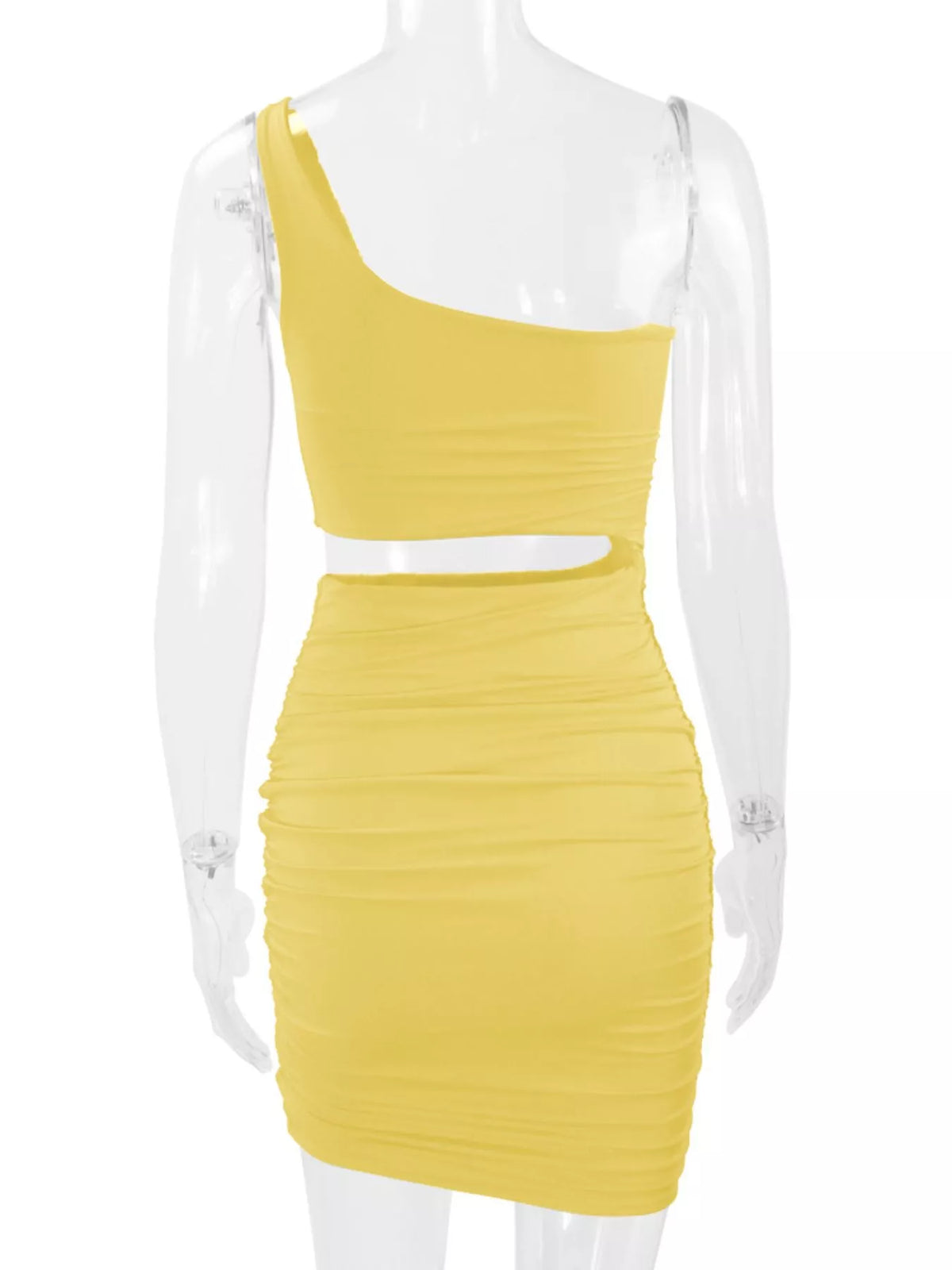 One-shoulder cutout dress, yellow mannequin back
