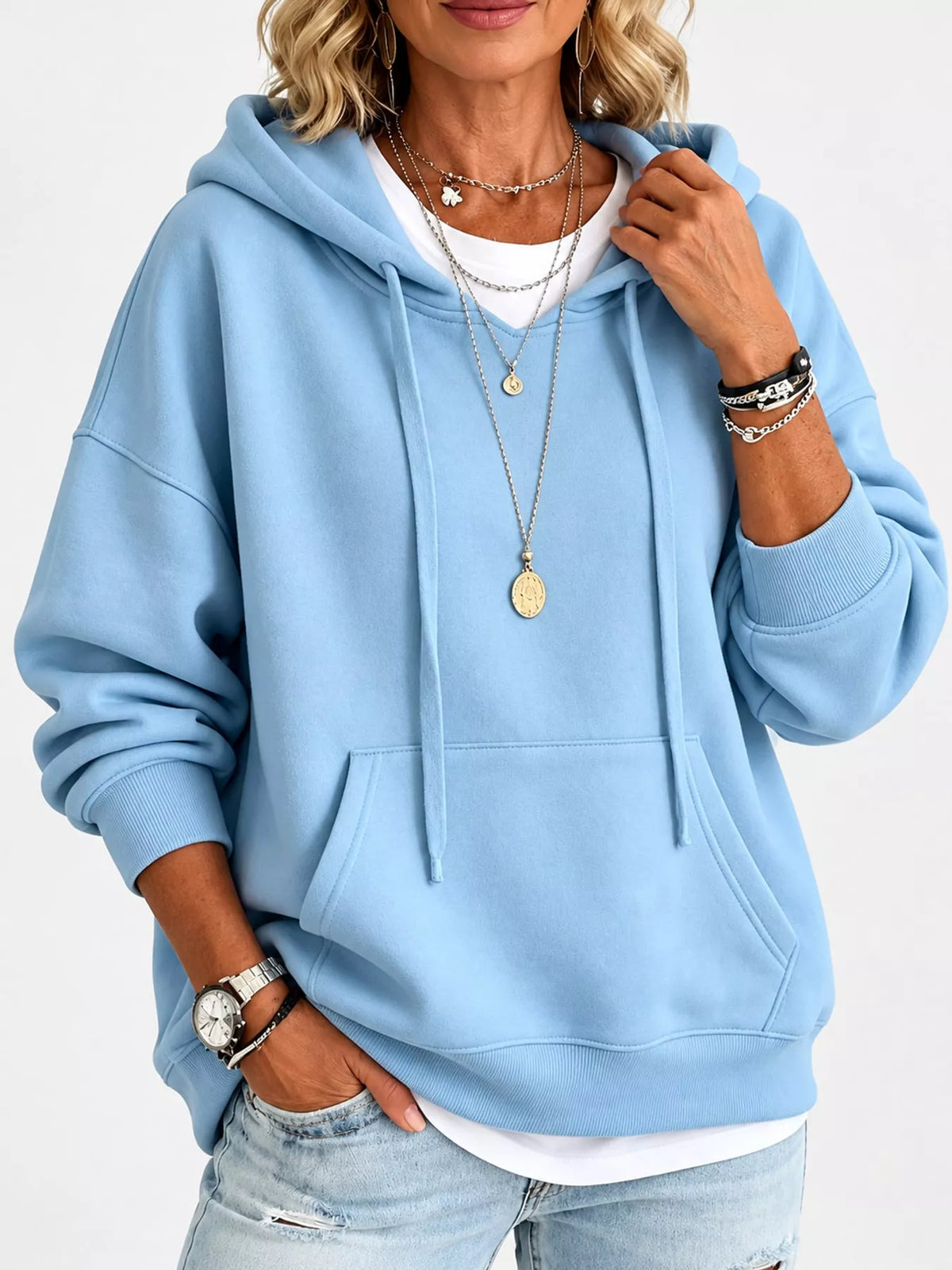 Women's Drawstring Dropped Shoulder Hoodie in light blue — front view