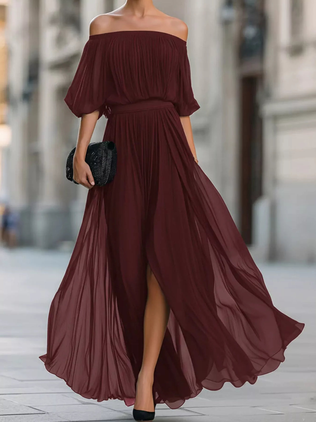 Burgundy off shoulder ruched chiffon maxi dress, front view