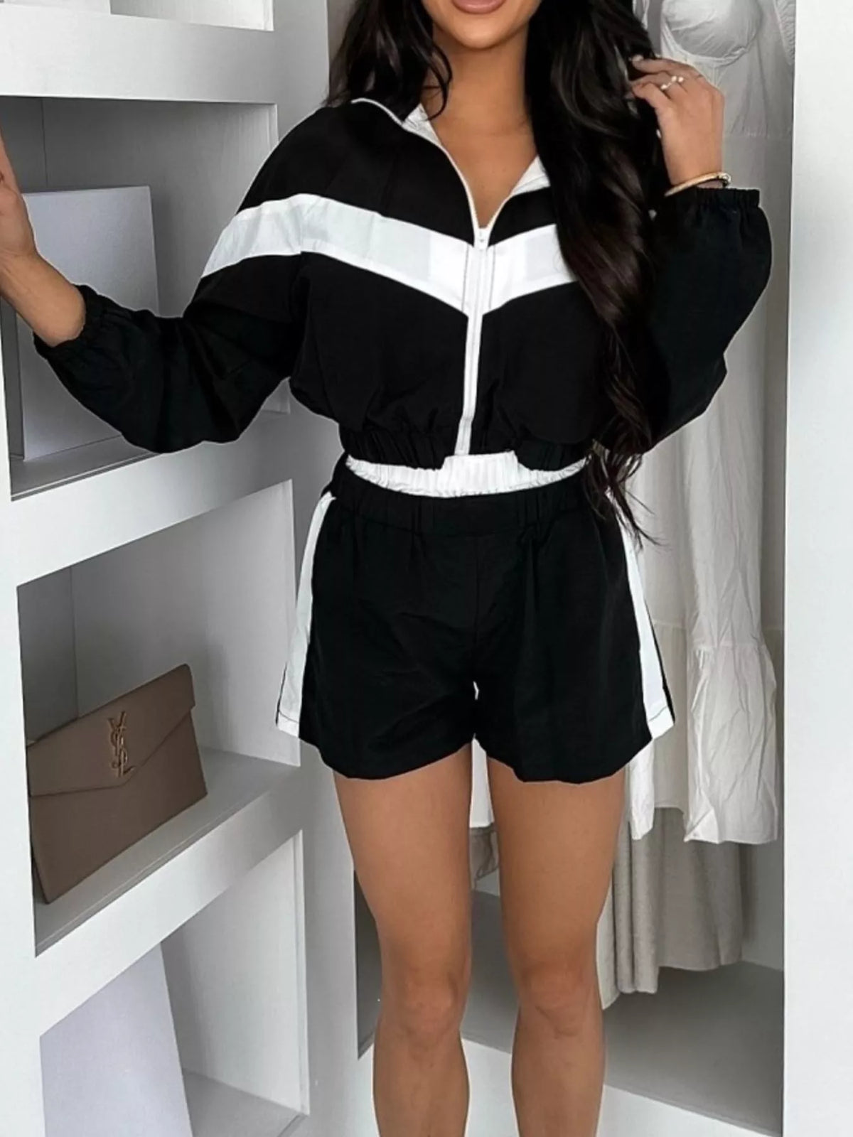 Trendsi Color Block Zip-Up Jacket and Shorts Two-Piece Set -