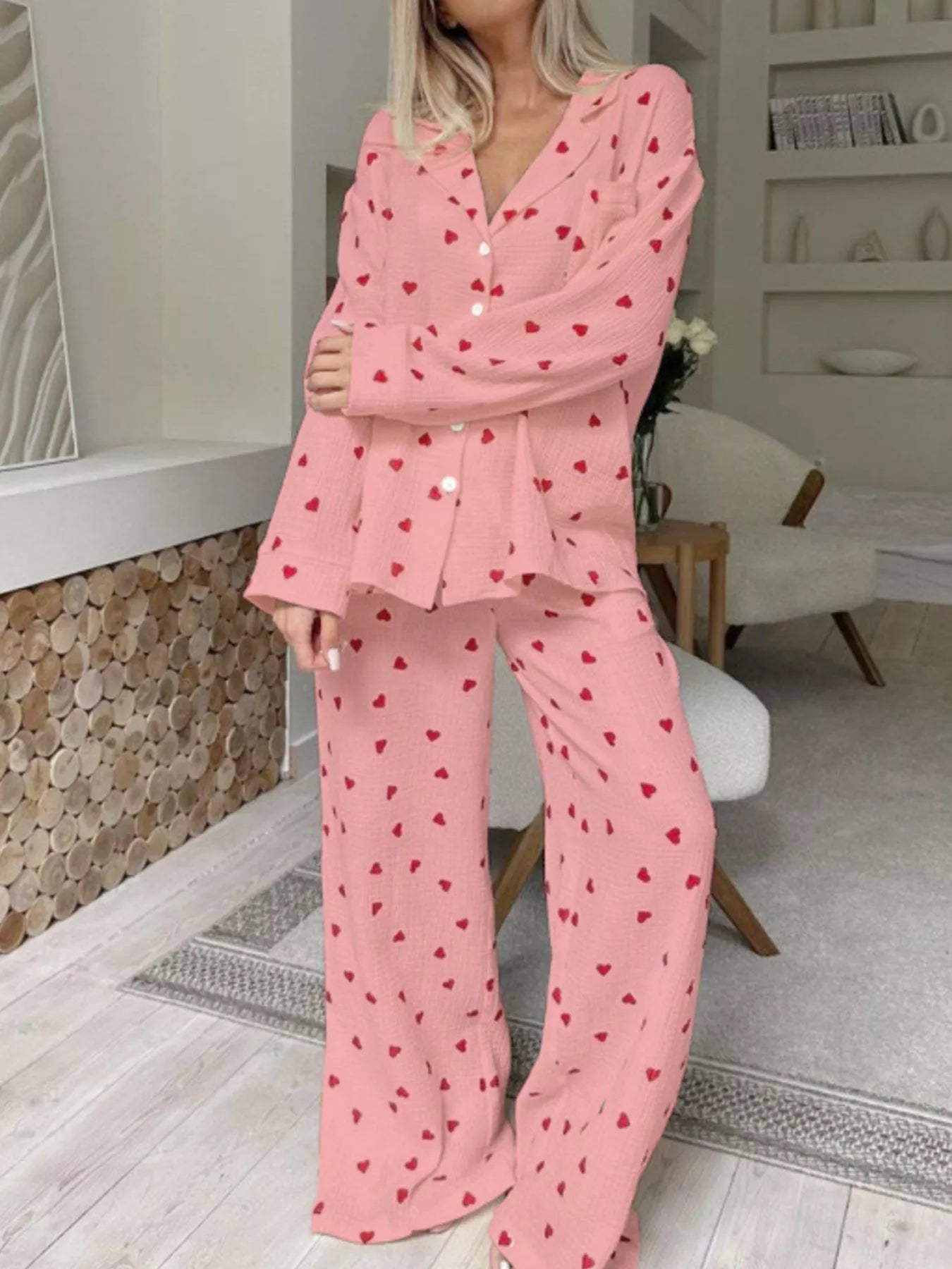 Trendsi Heart Print Button Up Top and Pants Lounge Set -