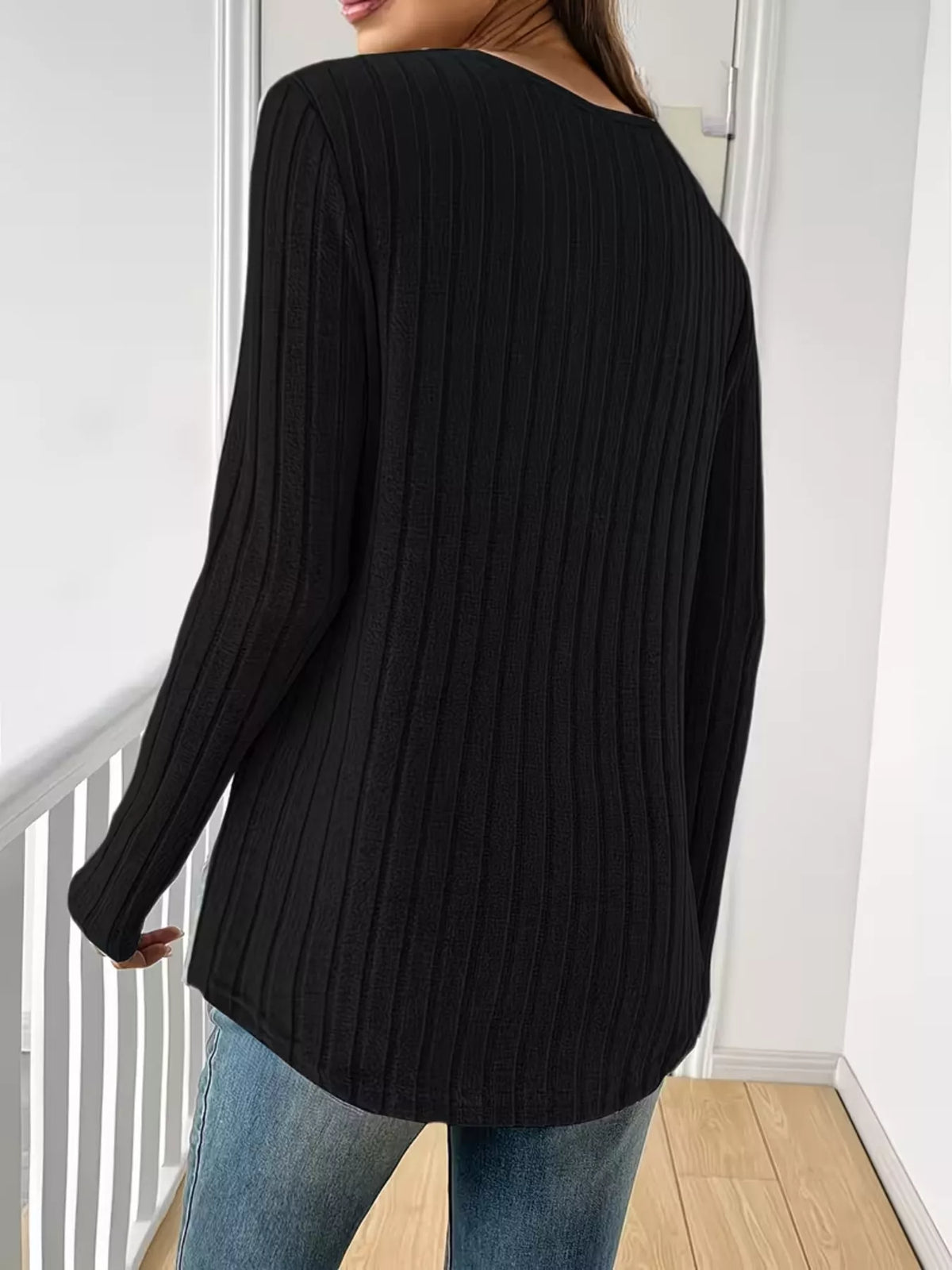 Women's Ribbed Knit Long Sleeve T-Shirt in black — back view