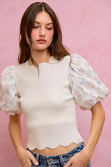 Trendsi SO ME Floral Cotton Contrast Sleeves Scallop Sweater Top -