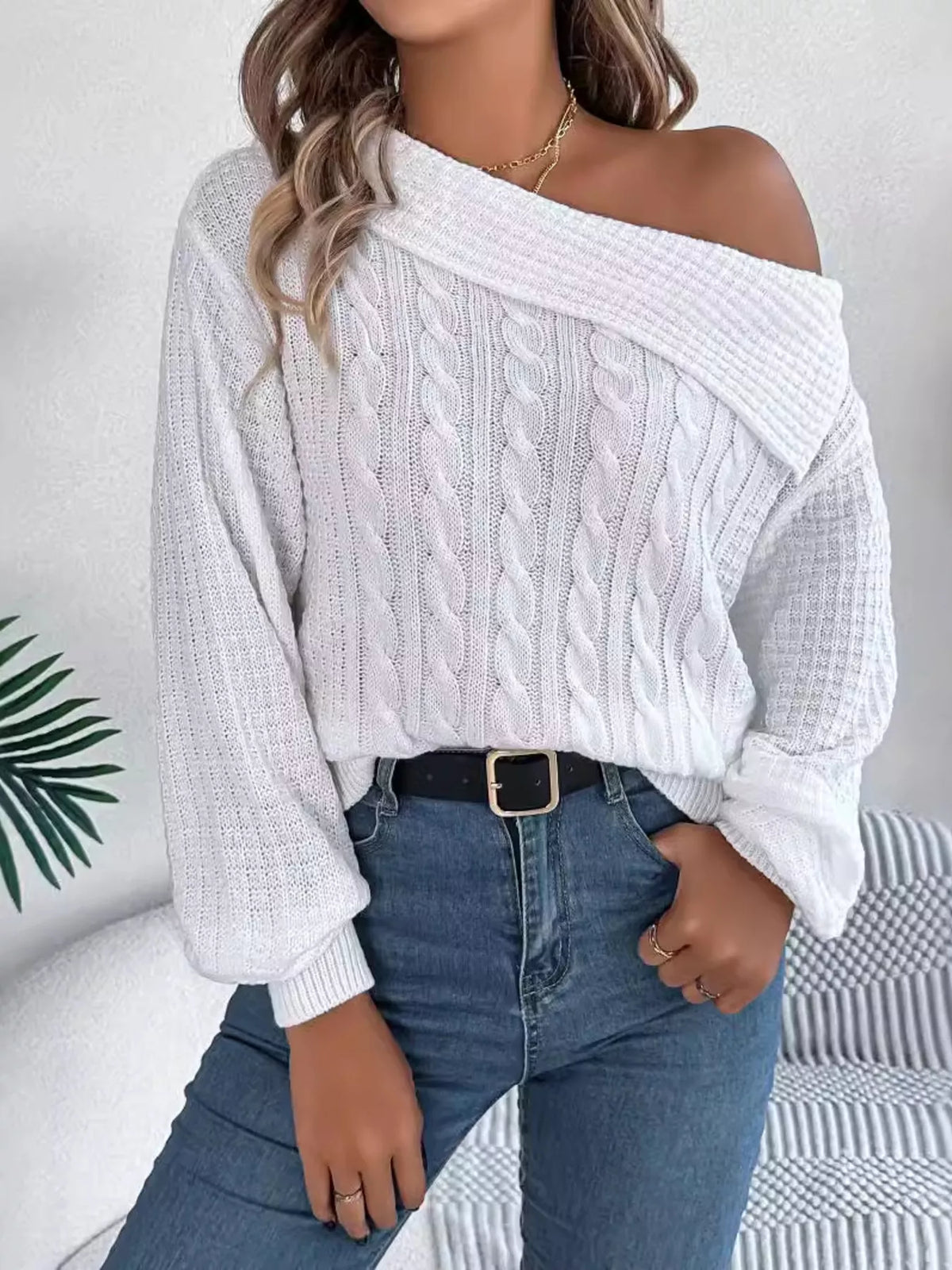 One Shoulder Cable Knit Sweater in white, front view