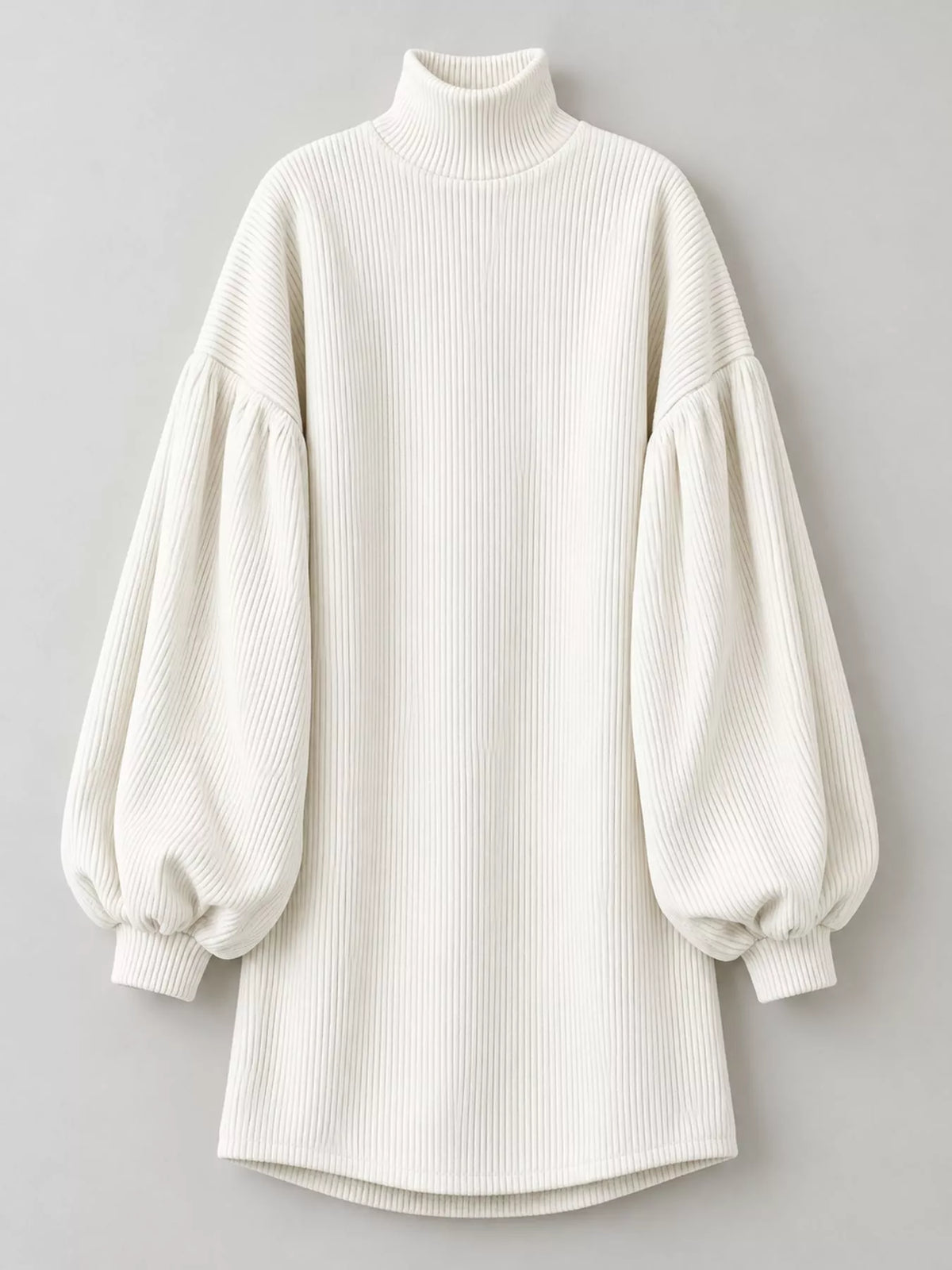Corduroy Mock Neck Lantern Sleeve Mini Dress in cream, front view