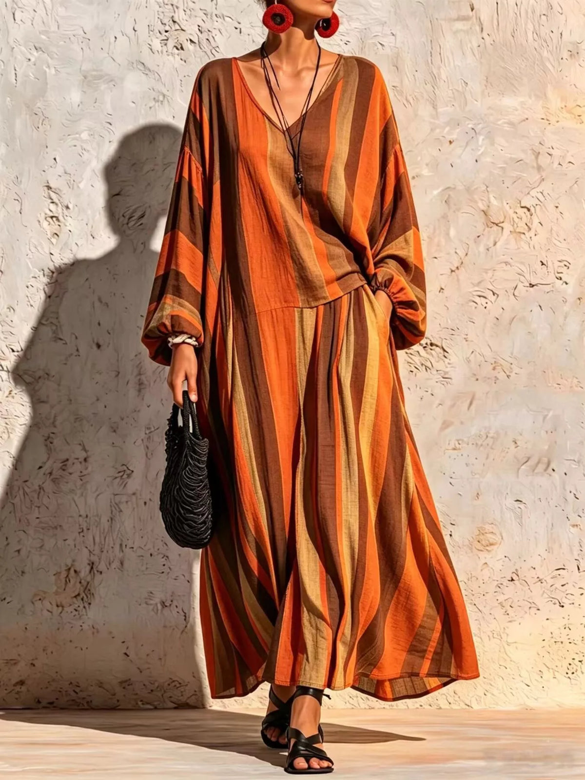 Orange and brown striped v-neck top and wide-leg pants set, full front view.