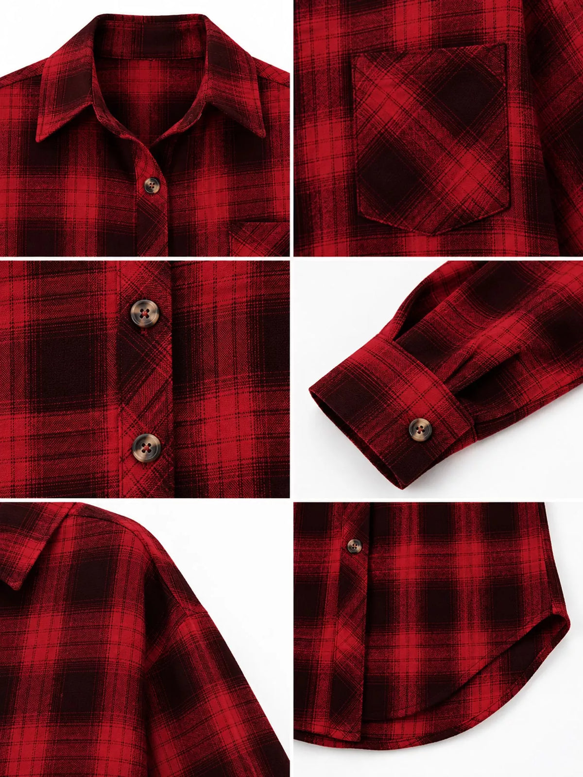 Oversized plaid shirt, red plaid garment details