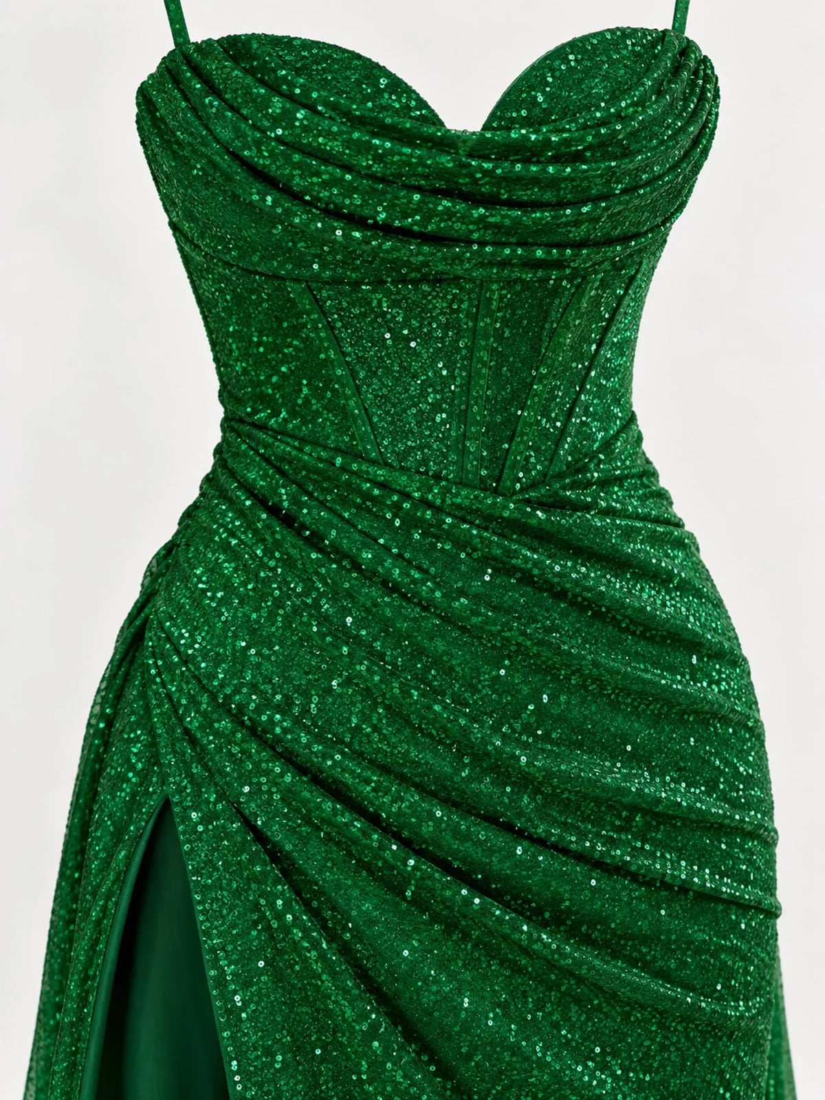 Green high-slit glitter maxi evening dress — design and construction details