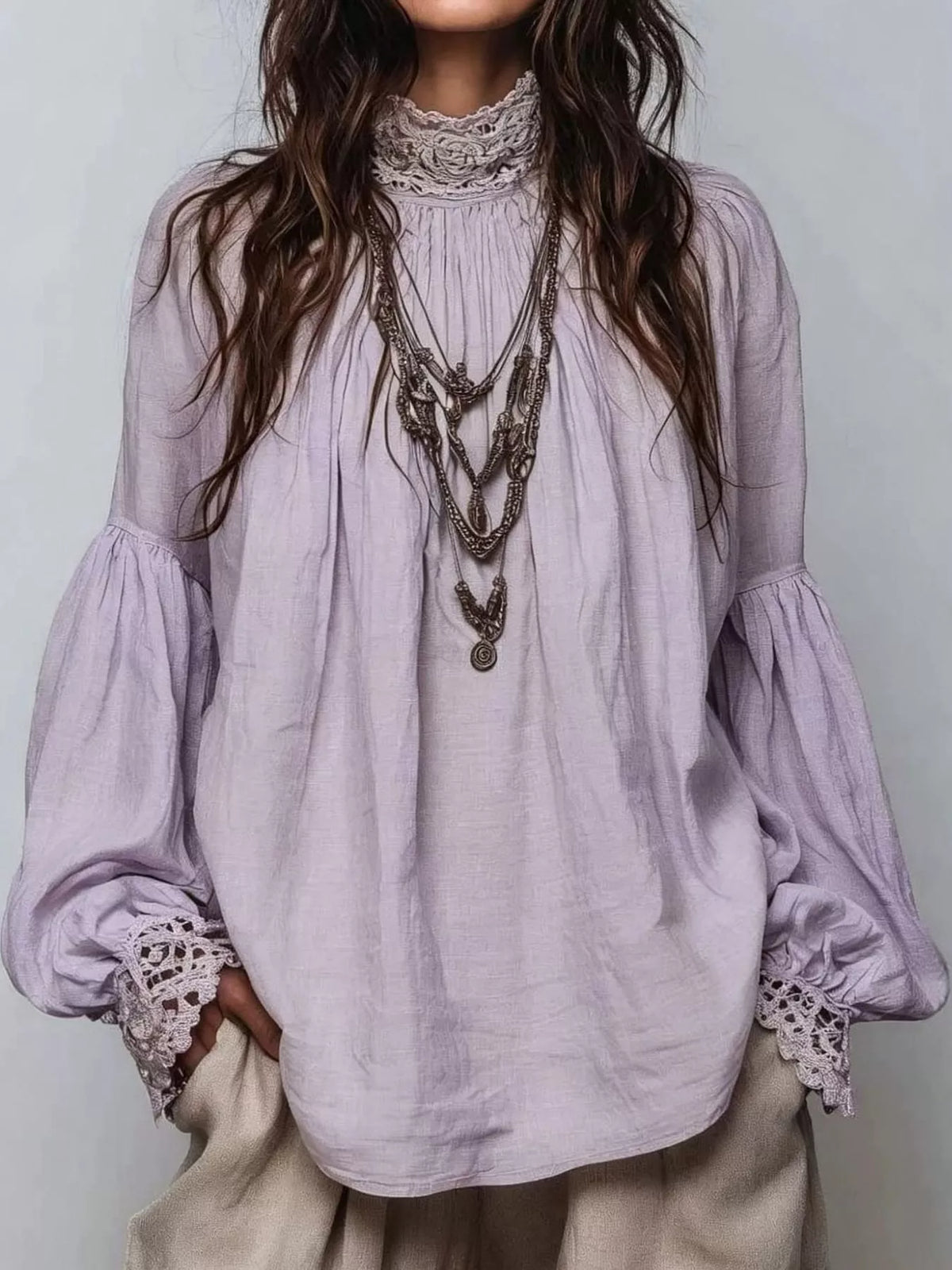 Purple lace mock neck long sleeve blouse