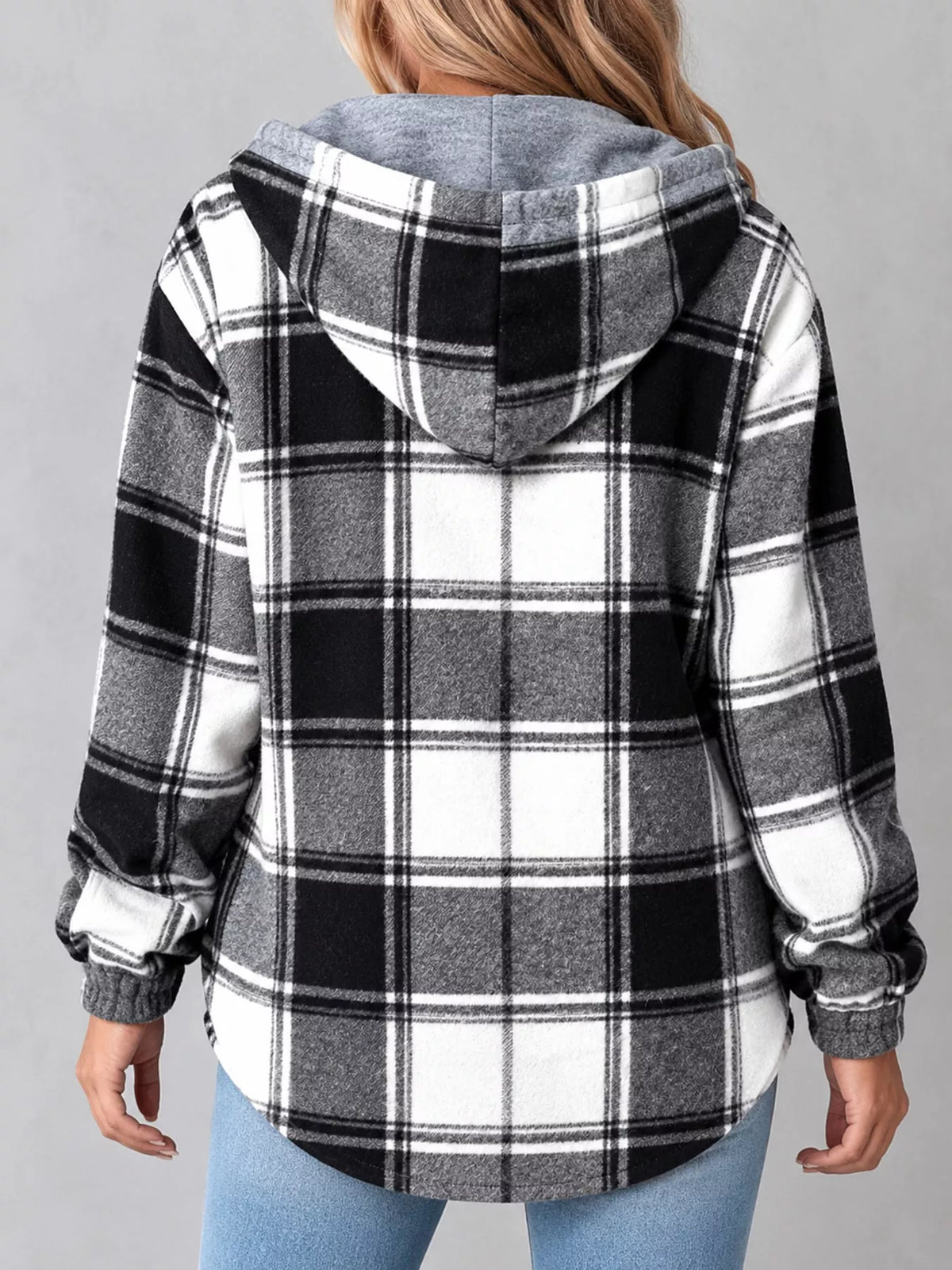 Button-Down Printed Contrast Hooded Shacket — back view
