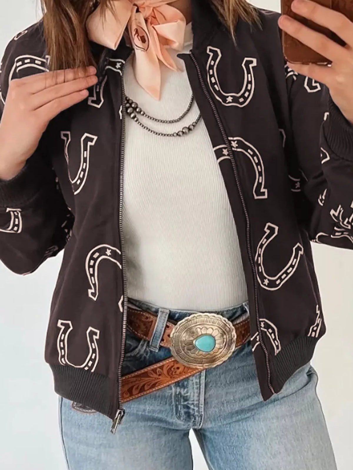 Horseshoe Print Zip-Up Bomber Jacket in chocolate, front view