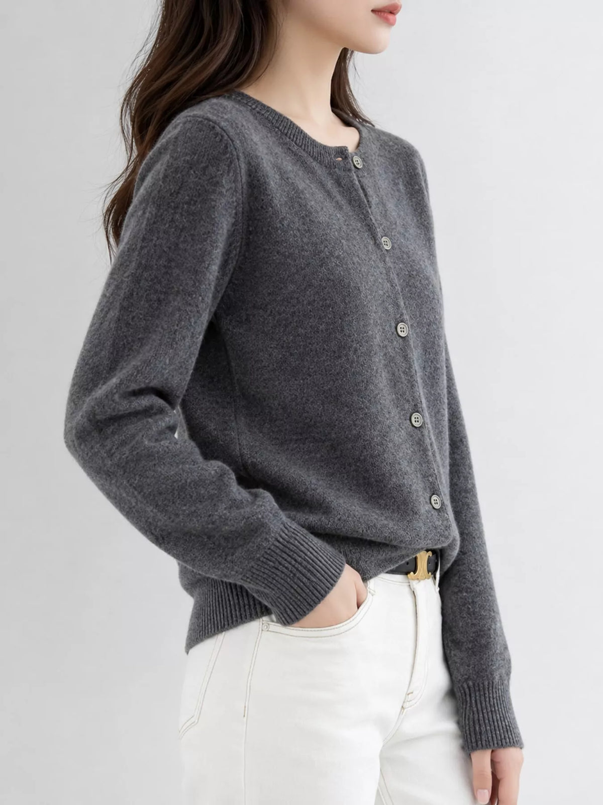 Button-down cardigan, charcoal side