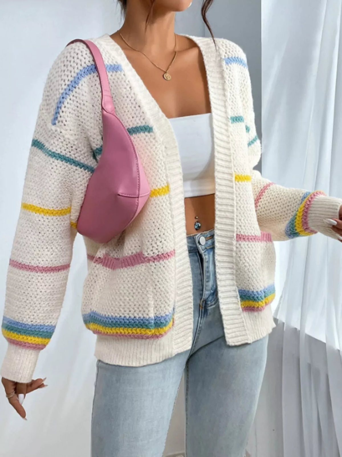Cream with multicolored stripes striped open front knit cardigan