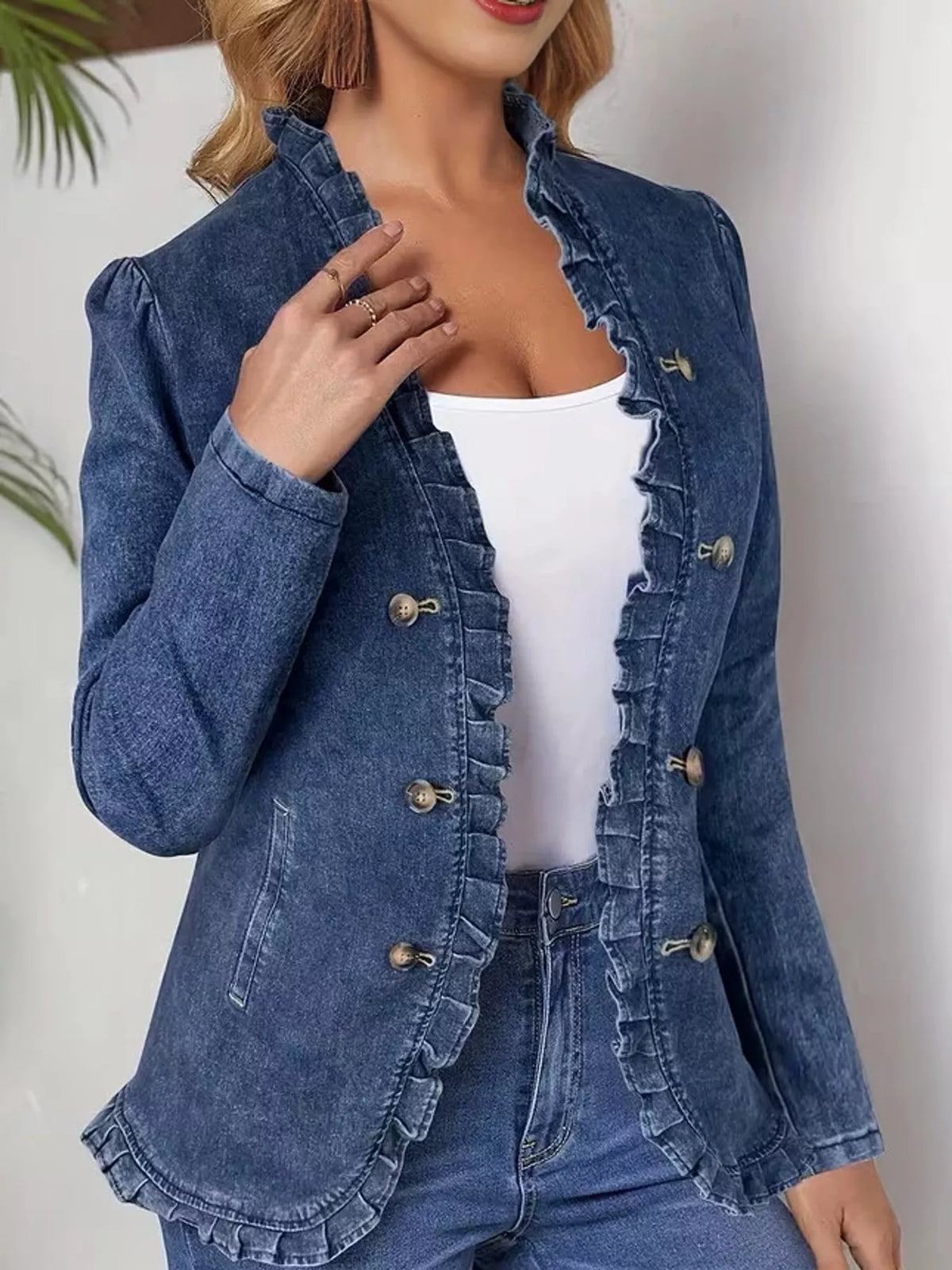 Blue ruffle trim long sleeve denim jacket