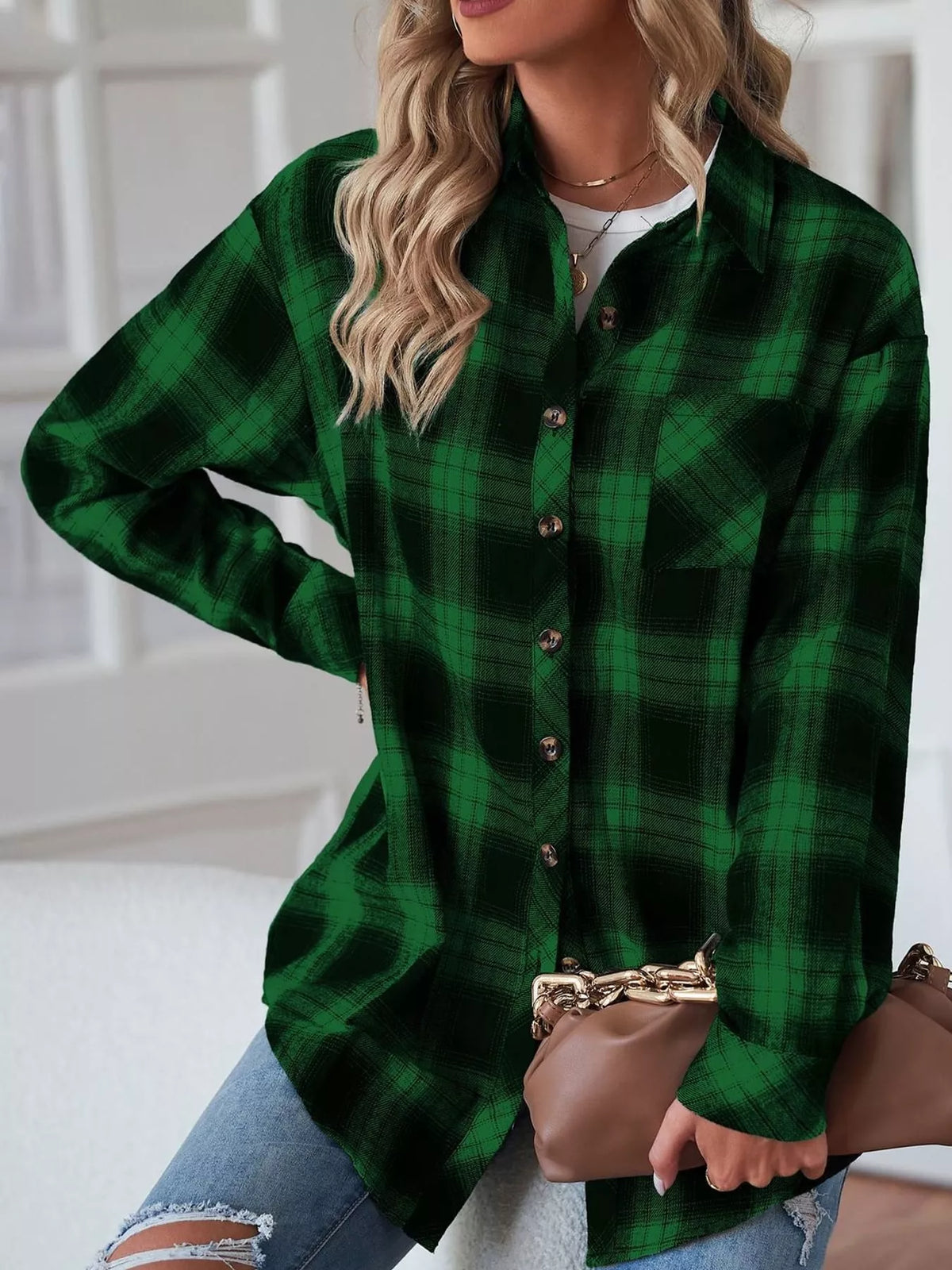 Oversized plaid shirt, green plaid buttoned front