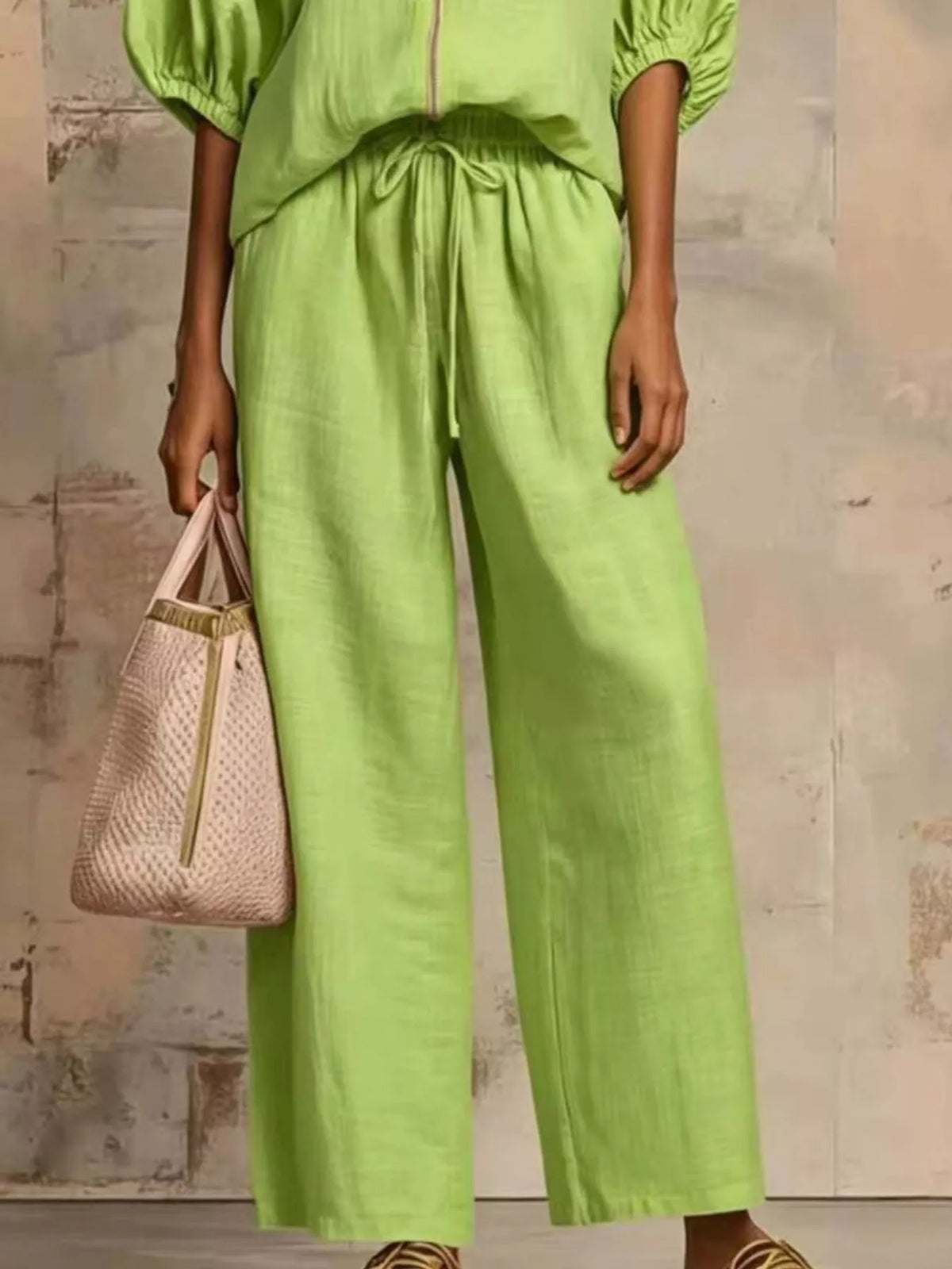 Zip-front top and wide-leg pants set