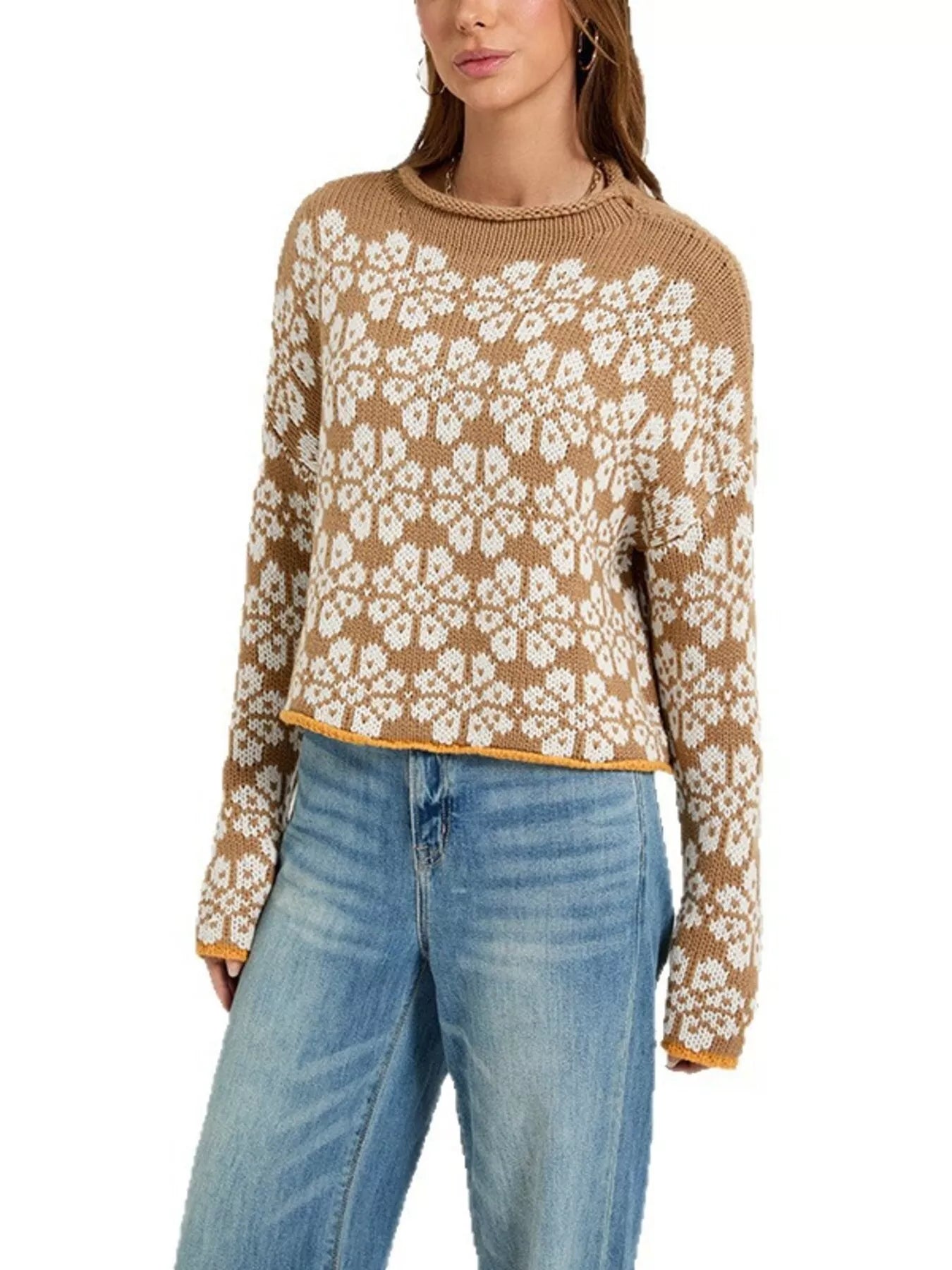 Trendsi Floral Contrast Trim Dropped Shoulder Sweater -