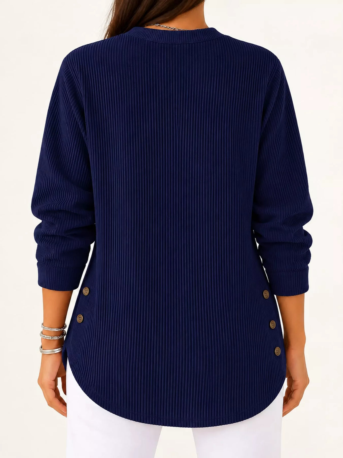 Navy button detail long sleeve top, back view