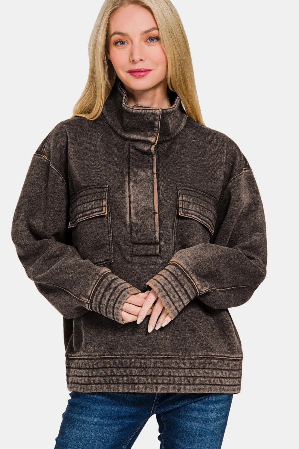 Women's Acid-Washed Cotton-Blend Half-Snap Fleece Sweatshirt — product view 3