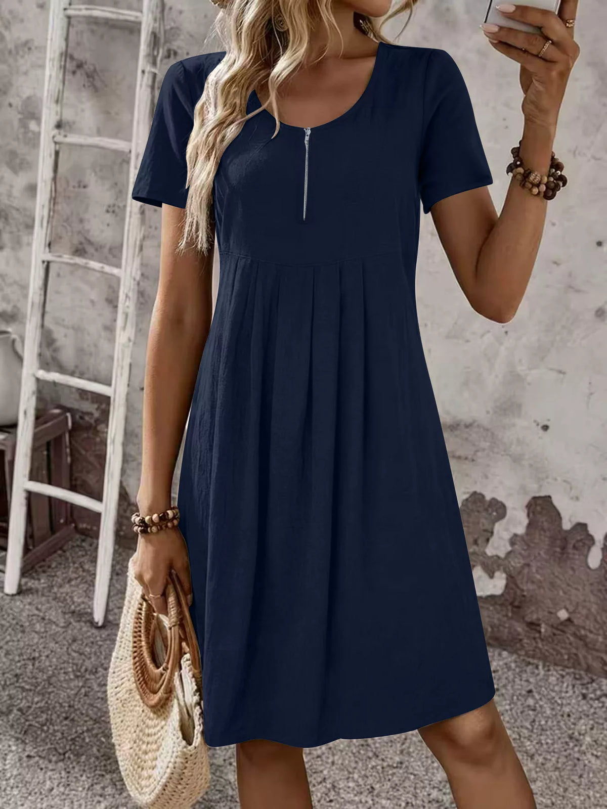 Trendsi Zipper-Front Short Sleeve A-Line Dress -