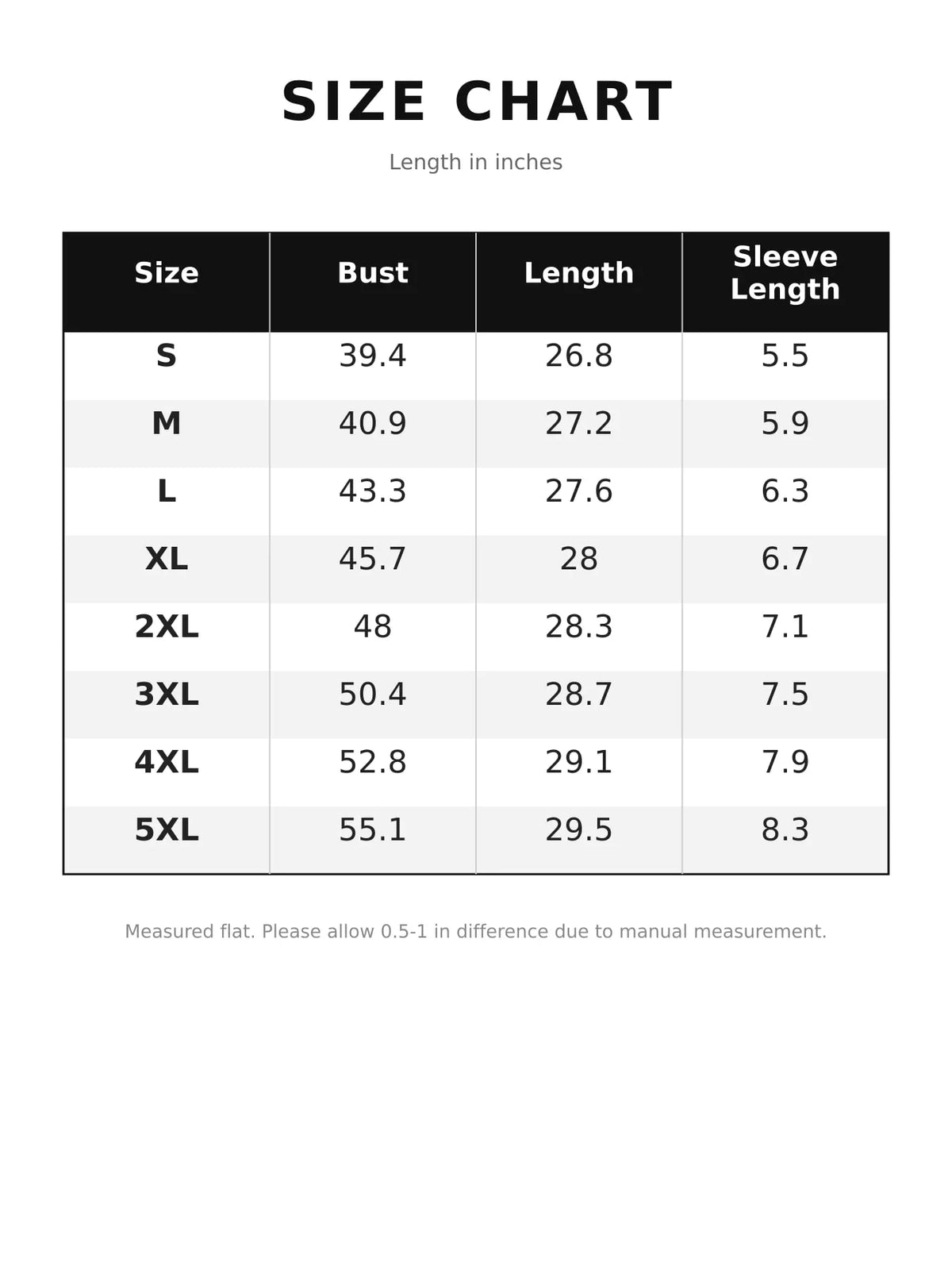 Size chart for snap down short sleeve shirt