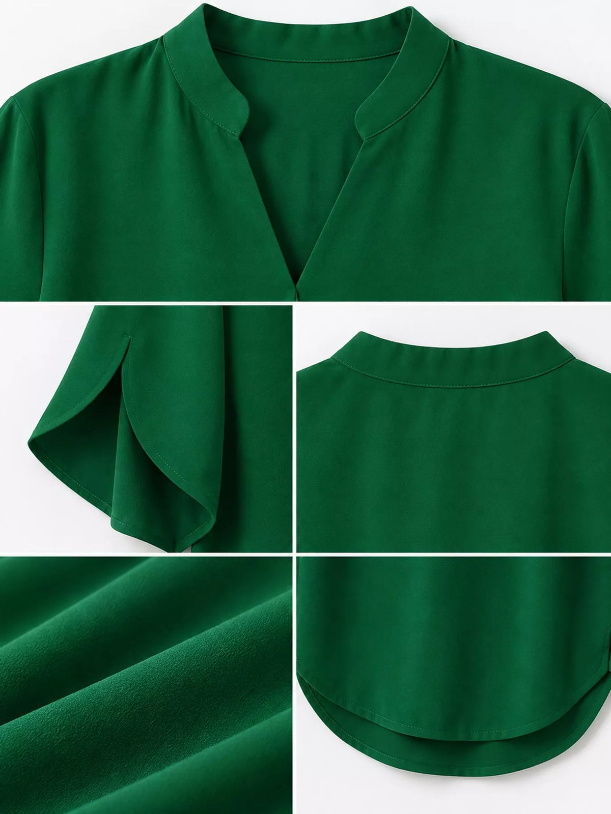 Women's Notched Slit Short Sleeve Blouse in green — detail collage view