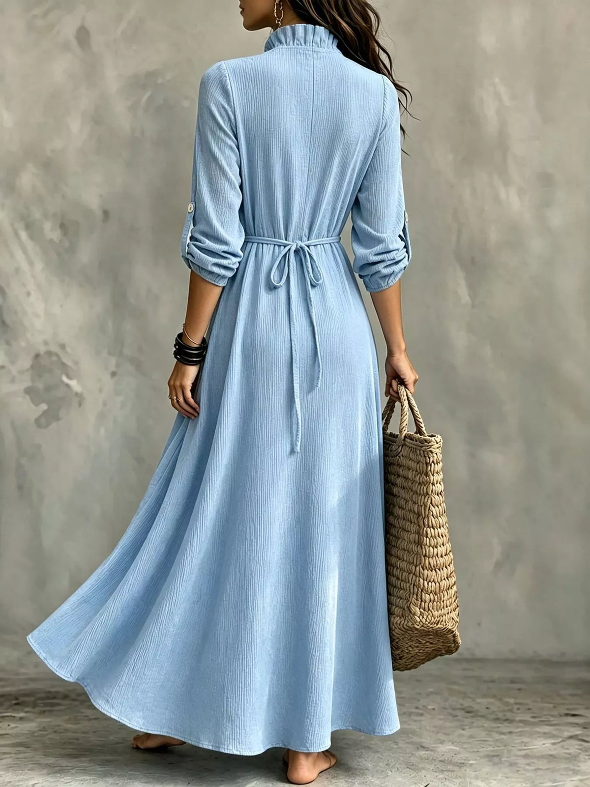 Light blue V-neck maxi dress, back view