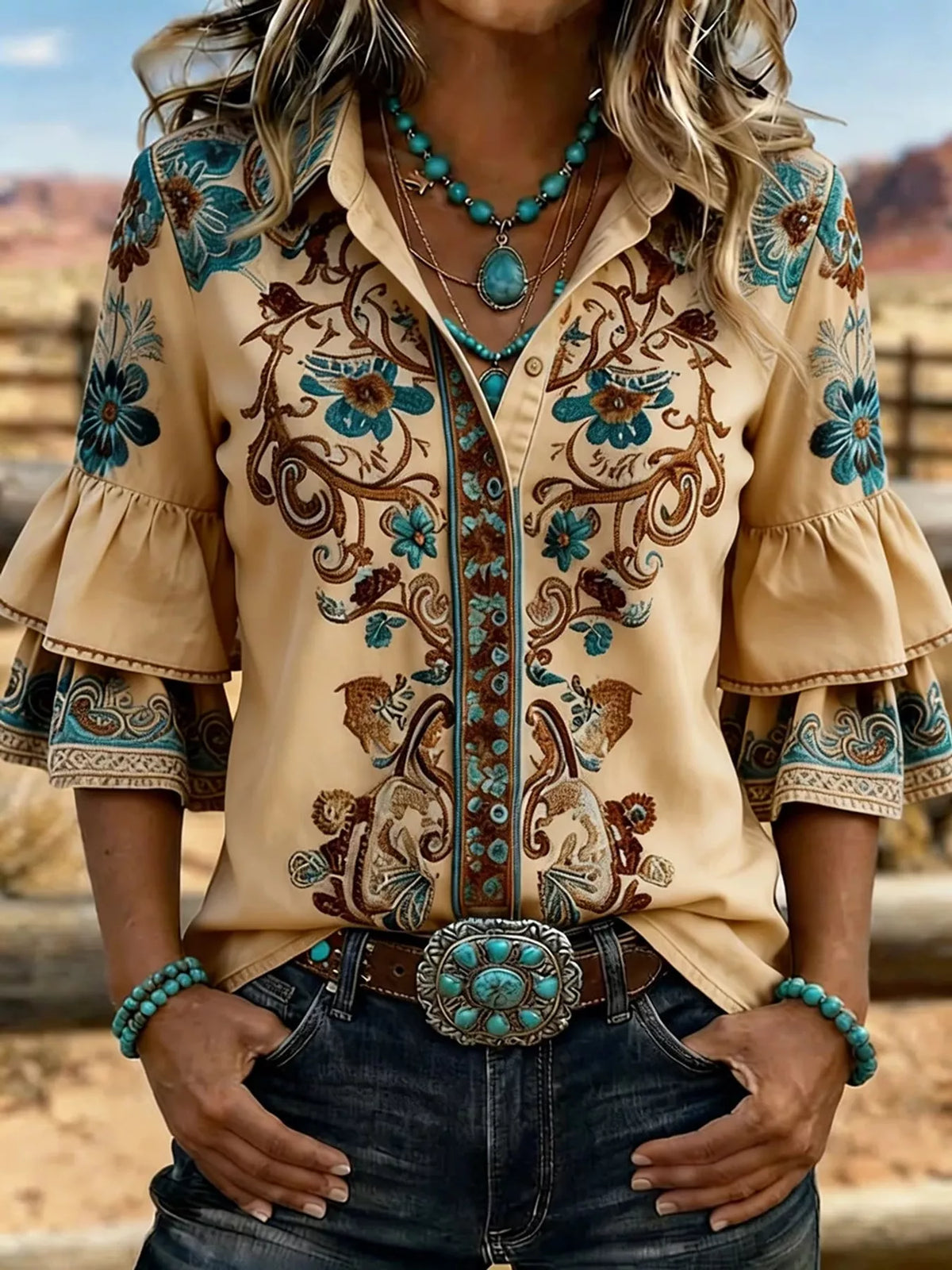 Pastel yellow floral three-quarter sleeve shirt
