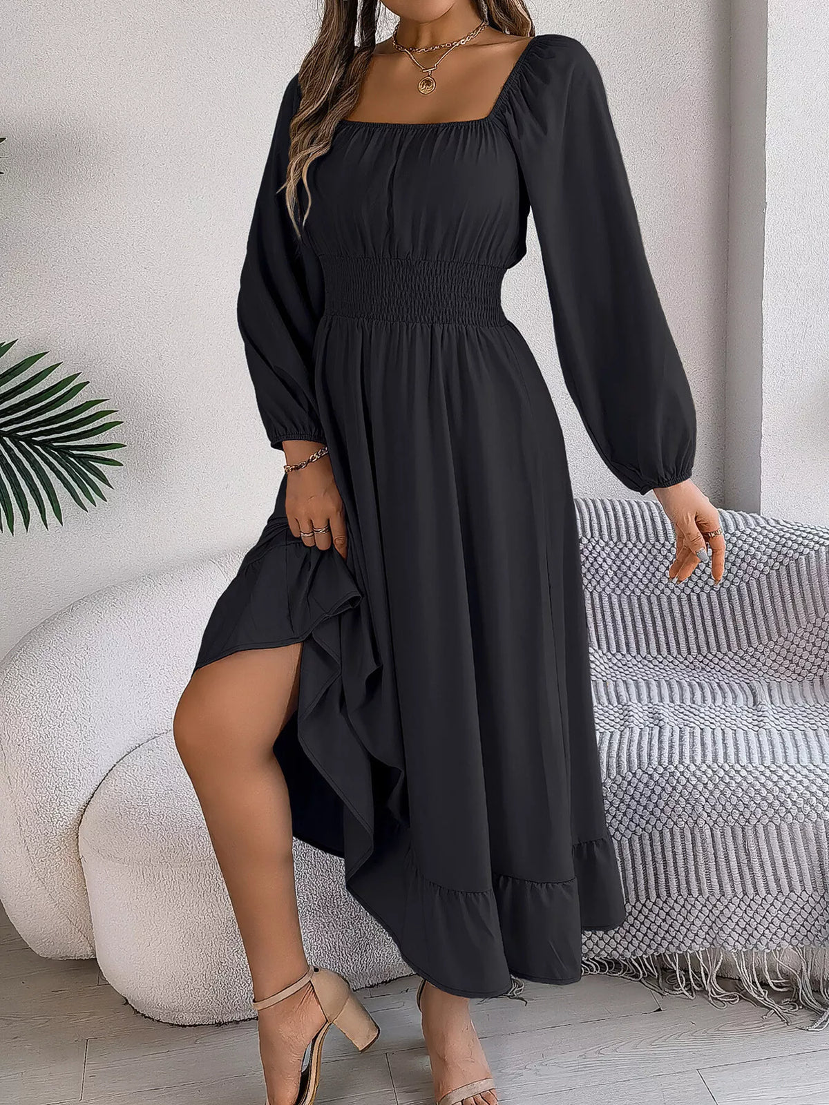 Black square neck smocked waist long sleeve midi dress