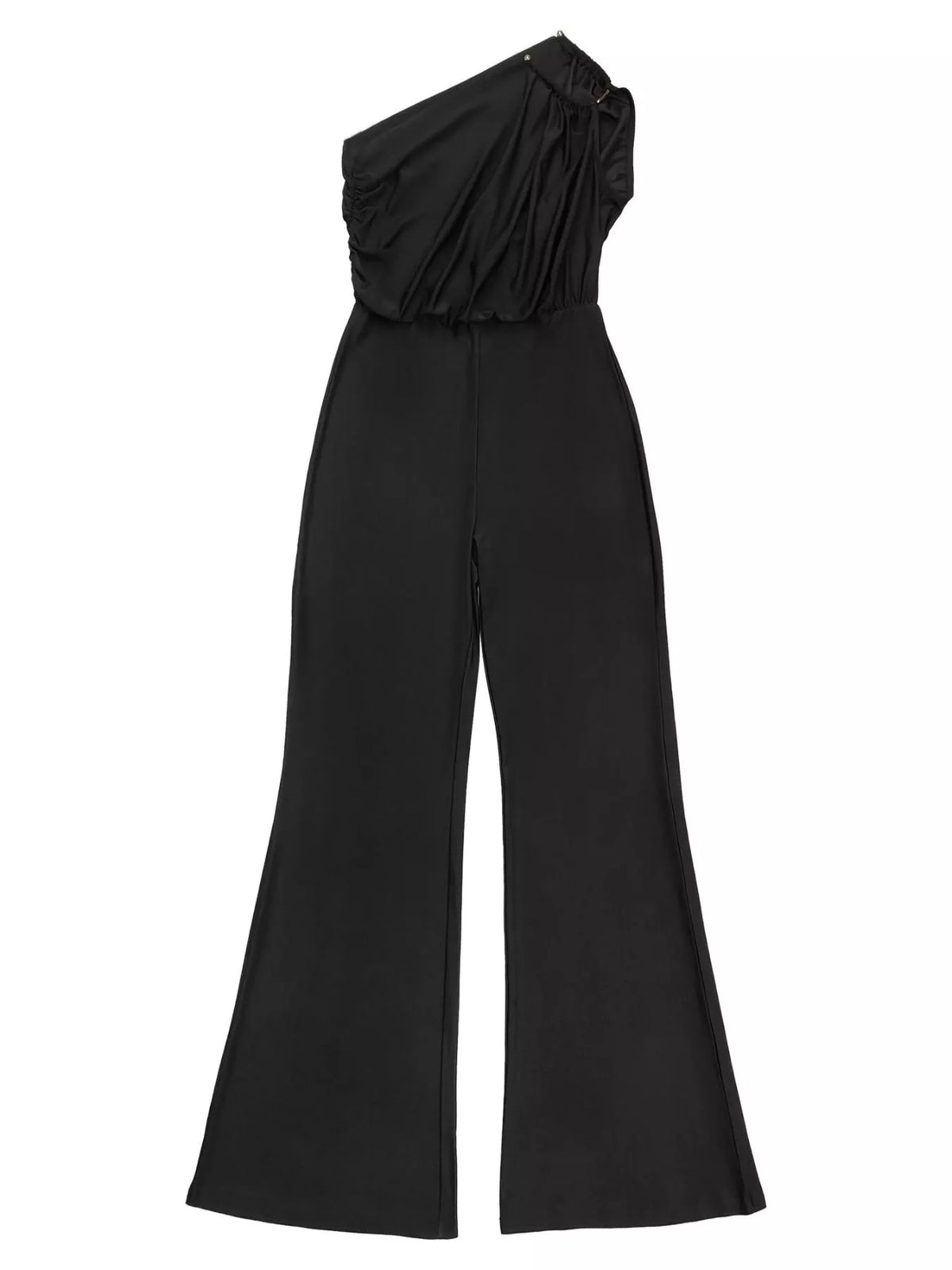 Black one-shoulder wide-leg jumpsuit, flat lay front.