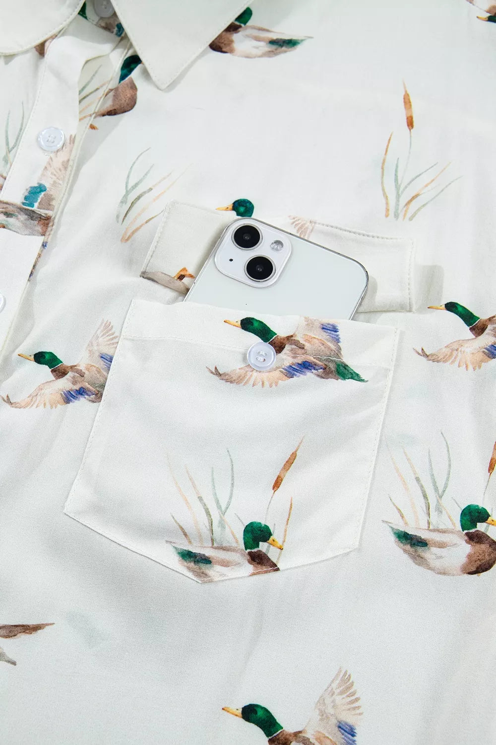 Trendsi Mallard Printed Button Flap Pocket Short Sleeve Shirt -