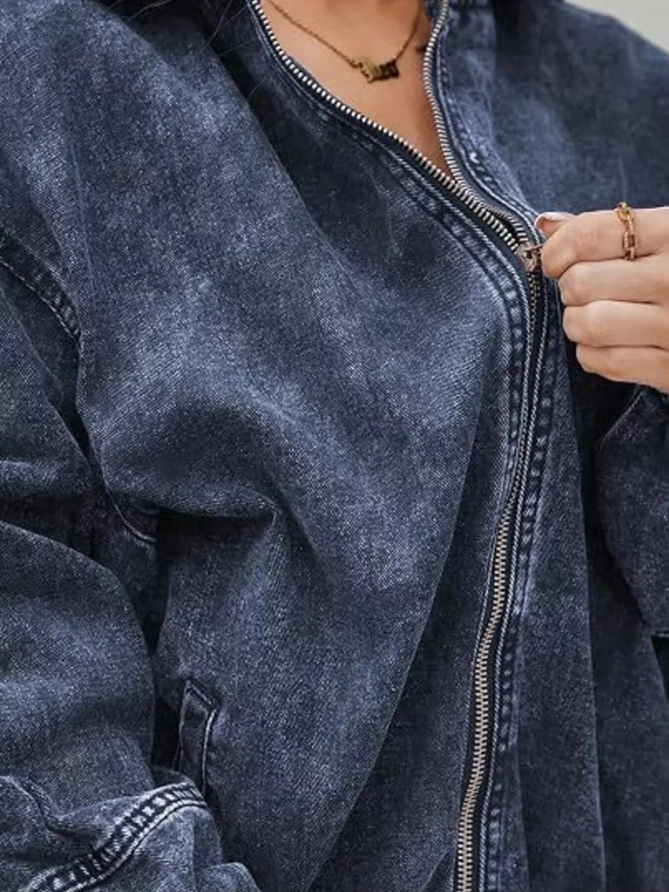 Trendsi Vintage Washed Zip Up Hooded Denim Jacket -