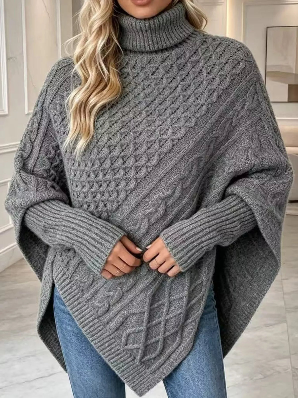 Turtleneck Cable Knit Sweater in gray