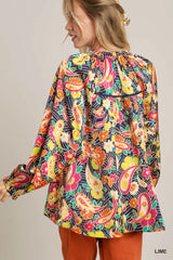 Trendsi Umgee Full Size Satin Paisley Ruffle Neck Button-Up Shirt Plus Size -