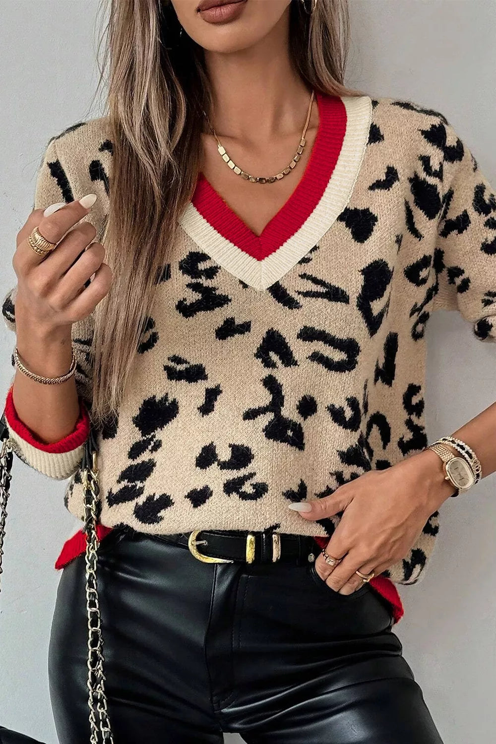 Trendsi Leopard Pattern V-Neck Contrast Rib Knitted Sweater -