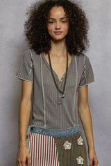 Trendsi POL V-Neck Short Sleeve Top with Stitch Seam Detail -