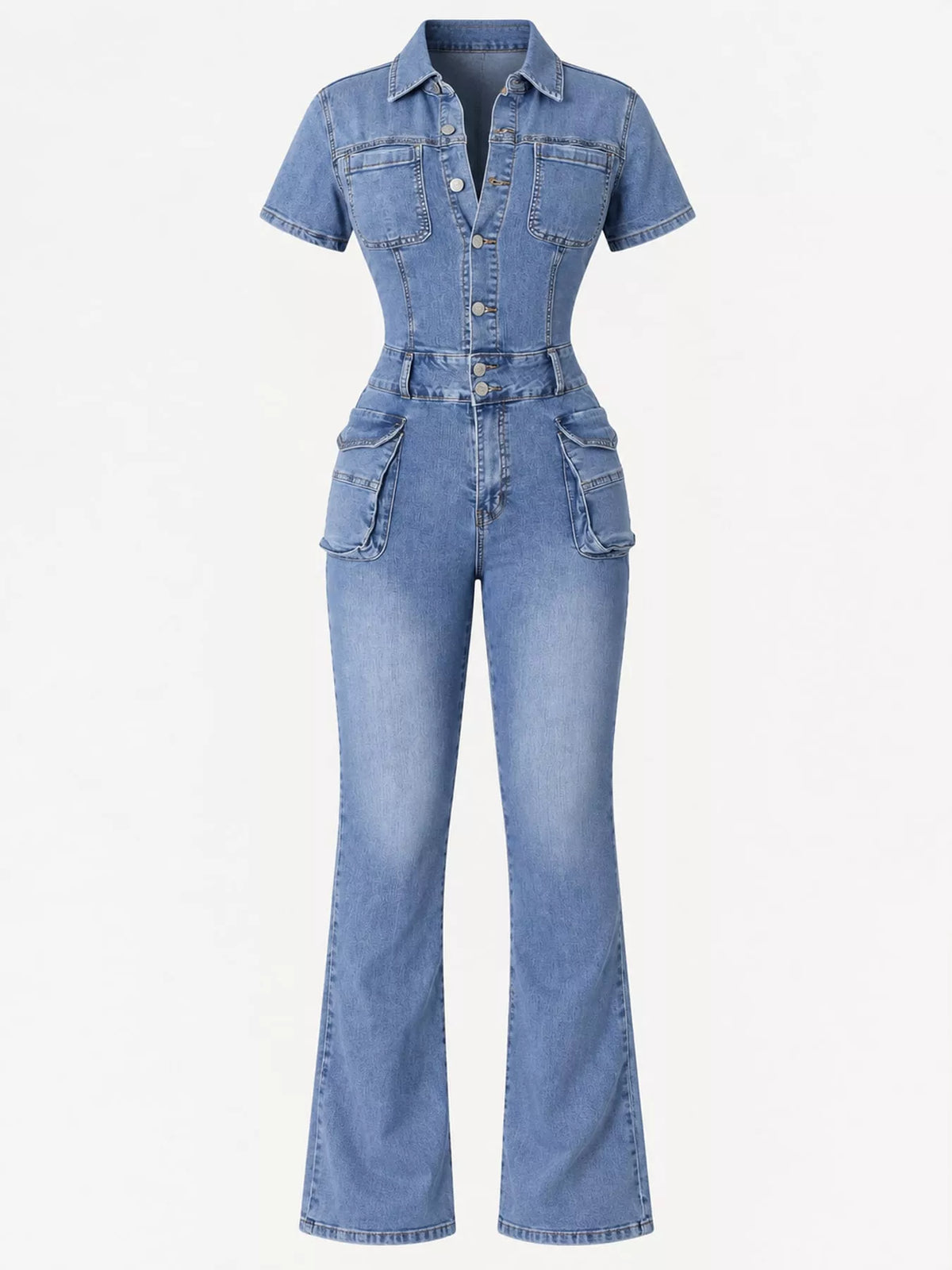 Blue flared denim cargo jumpsuit