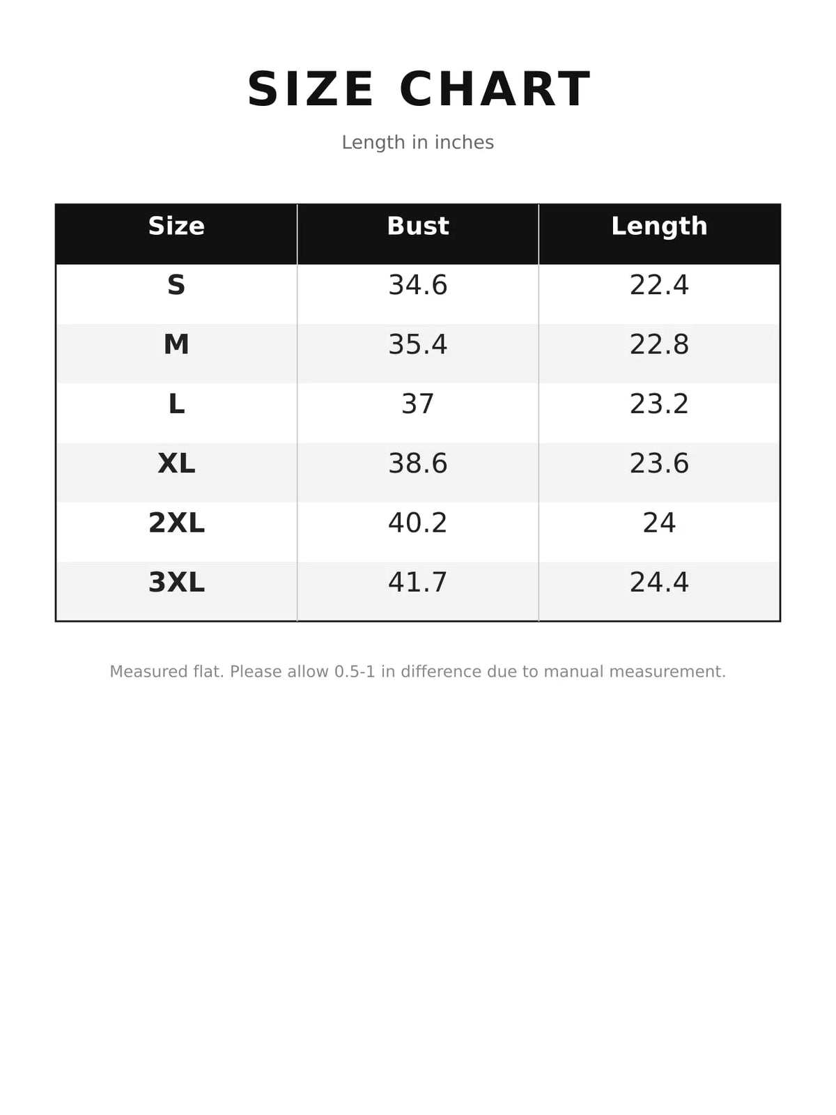 Size chart for crew neck sweater