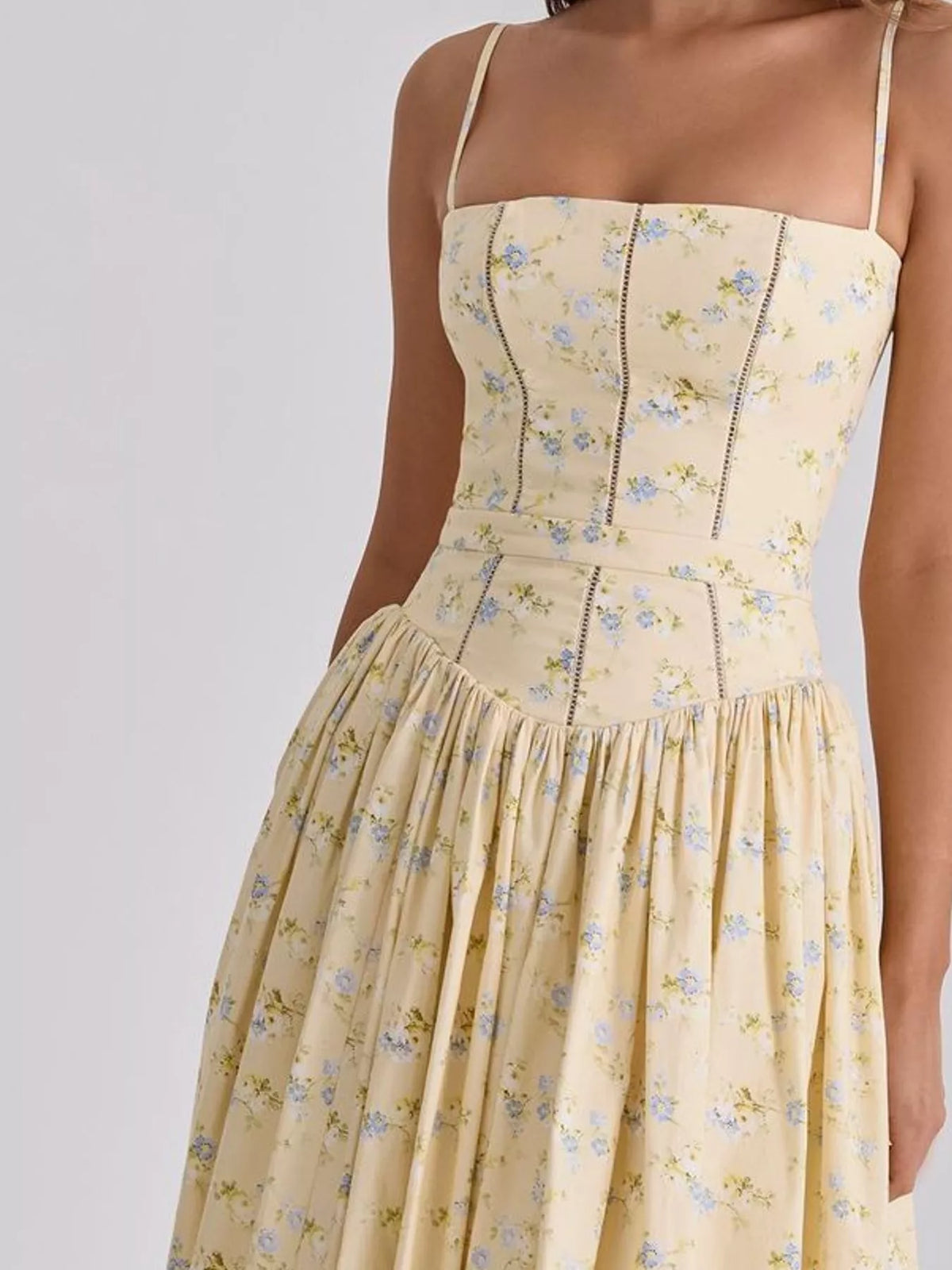 Women's Paneled Bodice Gathered Midi Dress in yellow floral — bodice detail view