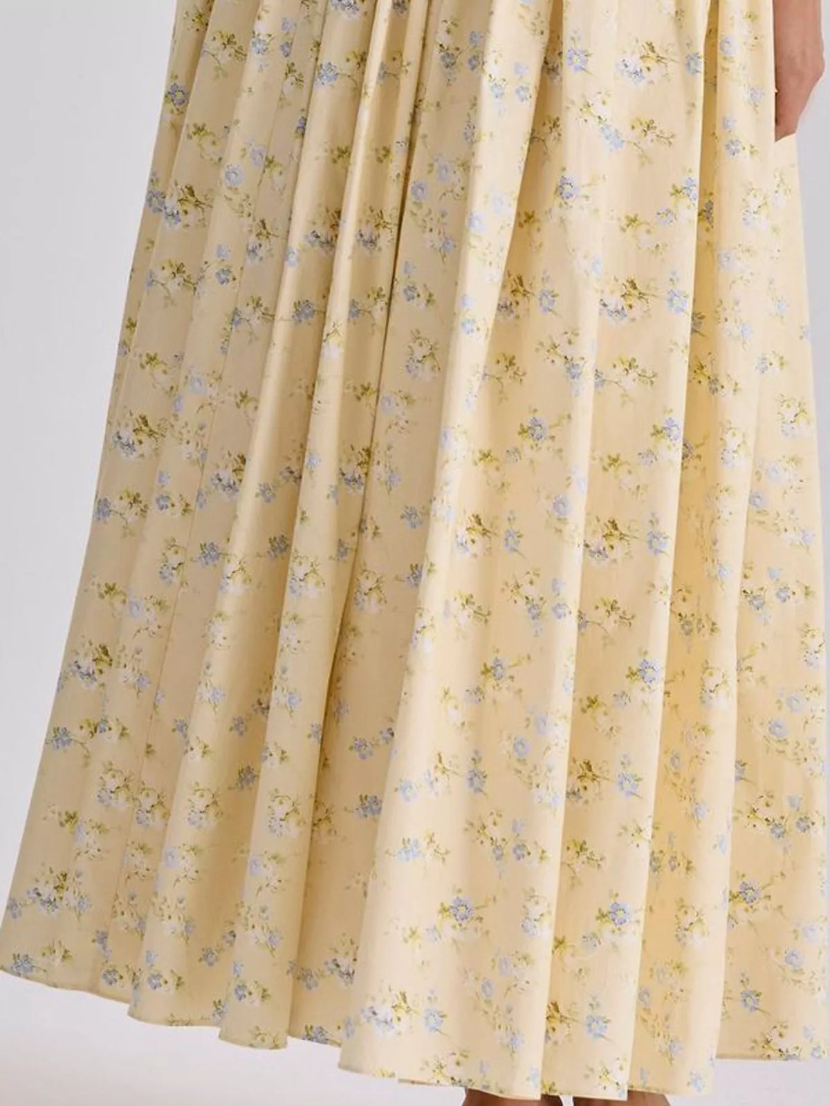 Women's Paneled Bodice Gathered Midi Dress in yellow floral — print detail view