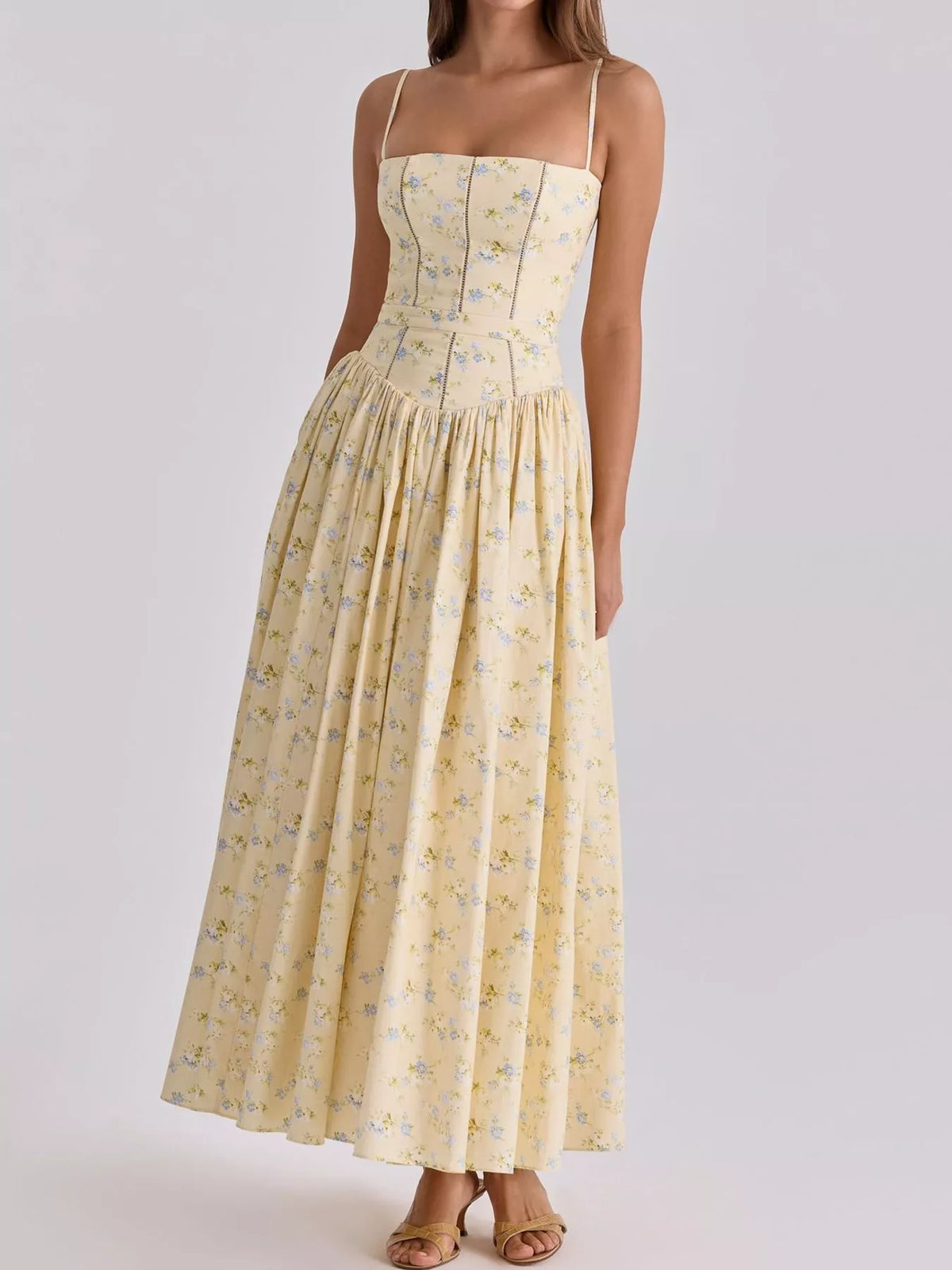 Women's Paneled Bodice Gathered Midi Dress in yellow floral — front view