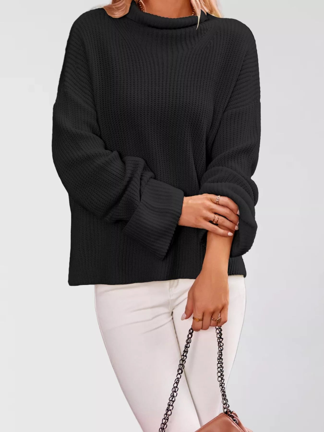 Trendsi Mock Neck Dropped Shoulder Sweater -