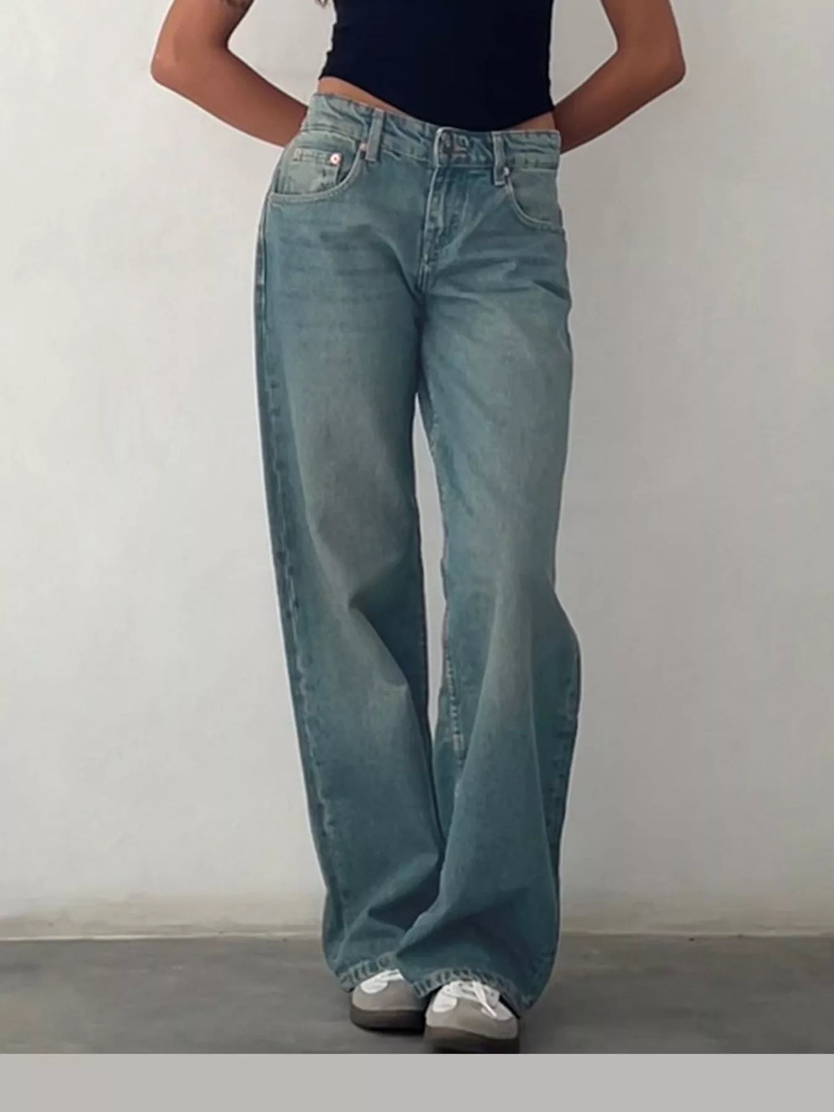 Vintage Wash Low-Rise Wide-Leg Jeans — front view