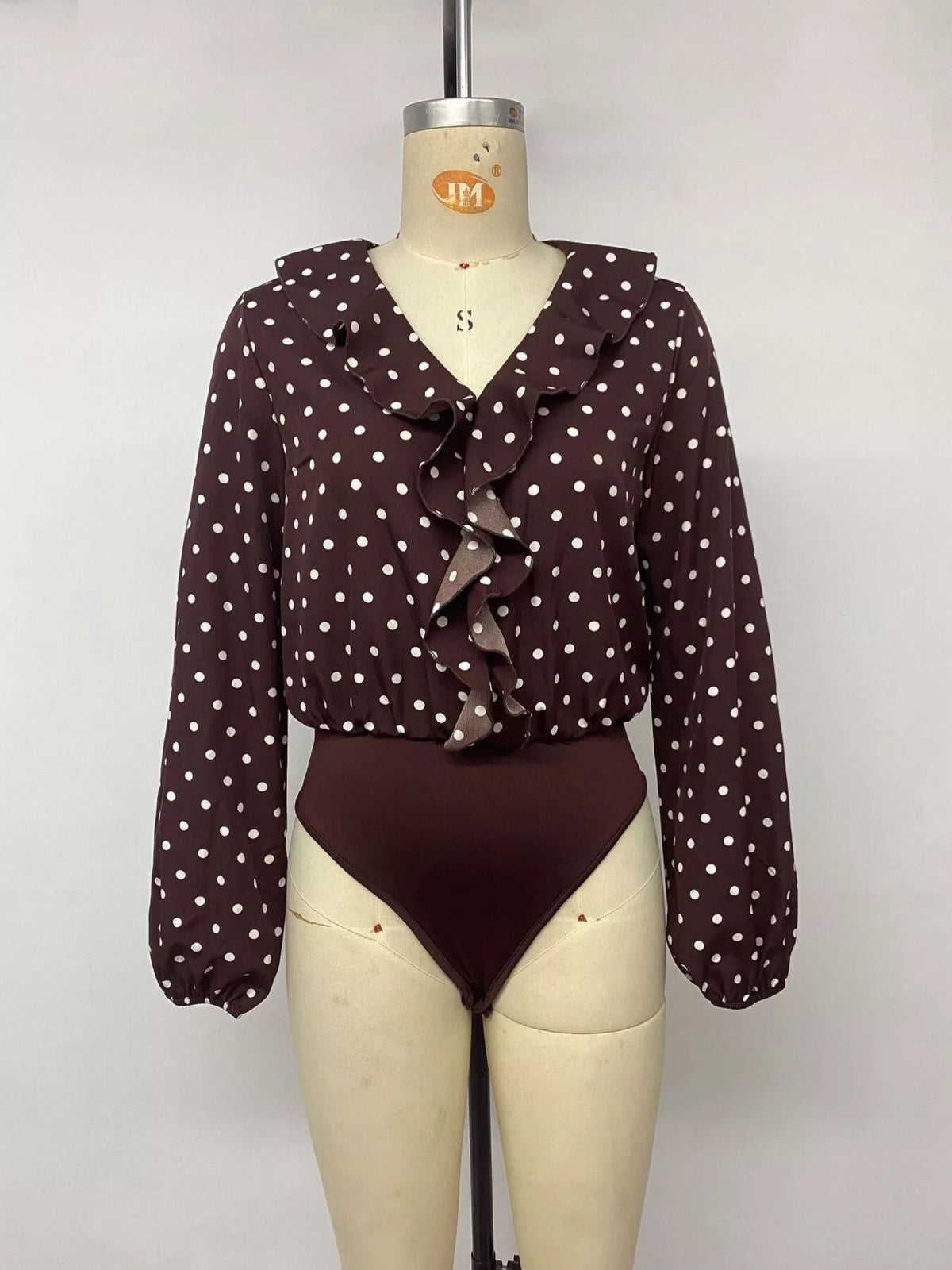 Trendsi Polka Dot Ruffled V-Neck Bodysuit -