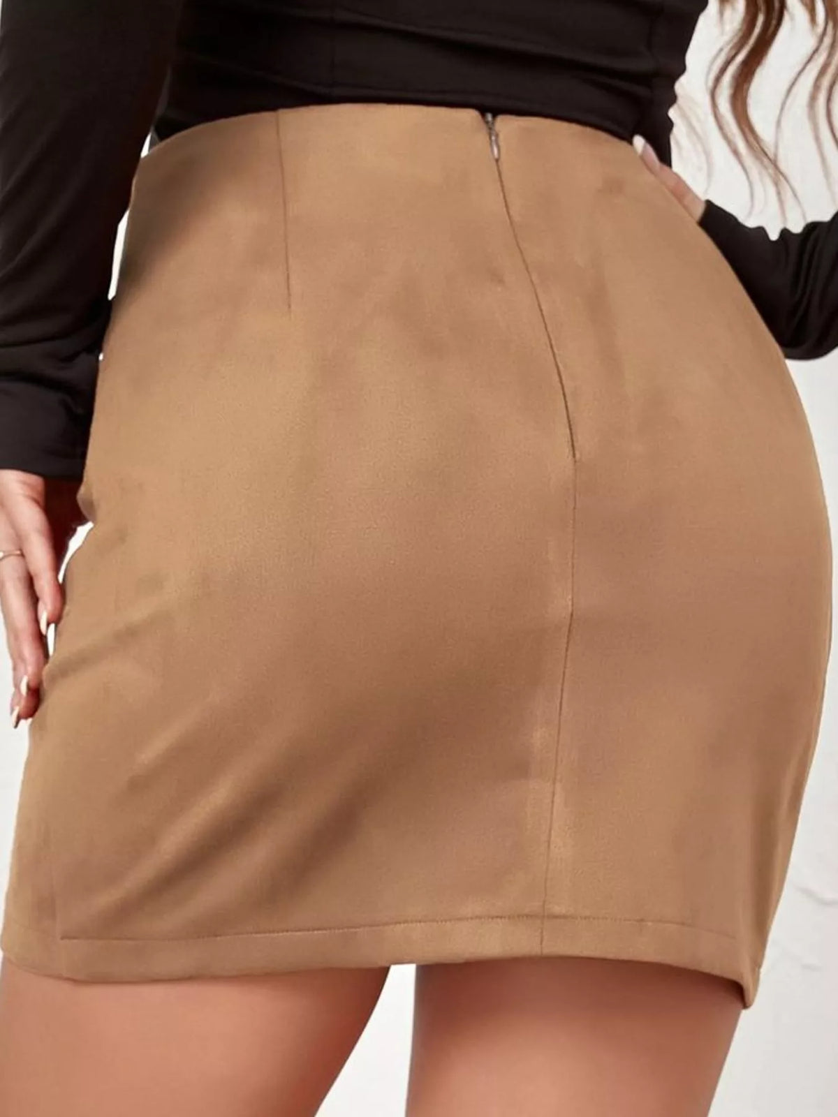 Camel ruched wrap-look mini skirt, back view