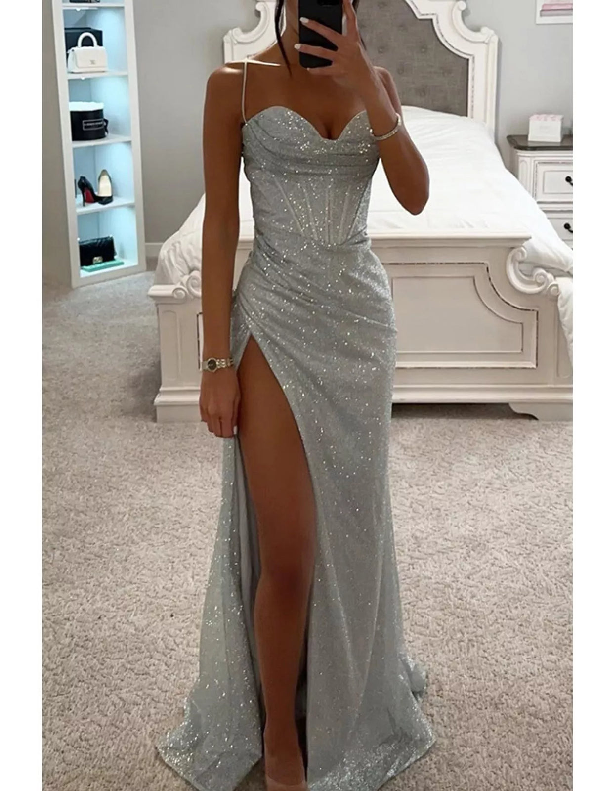 Silver high-slit glitter maxi evening dress — front view