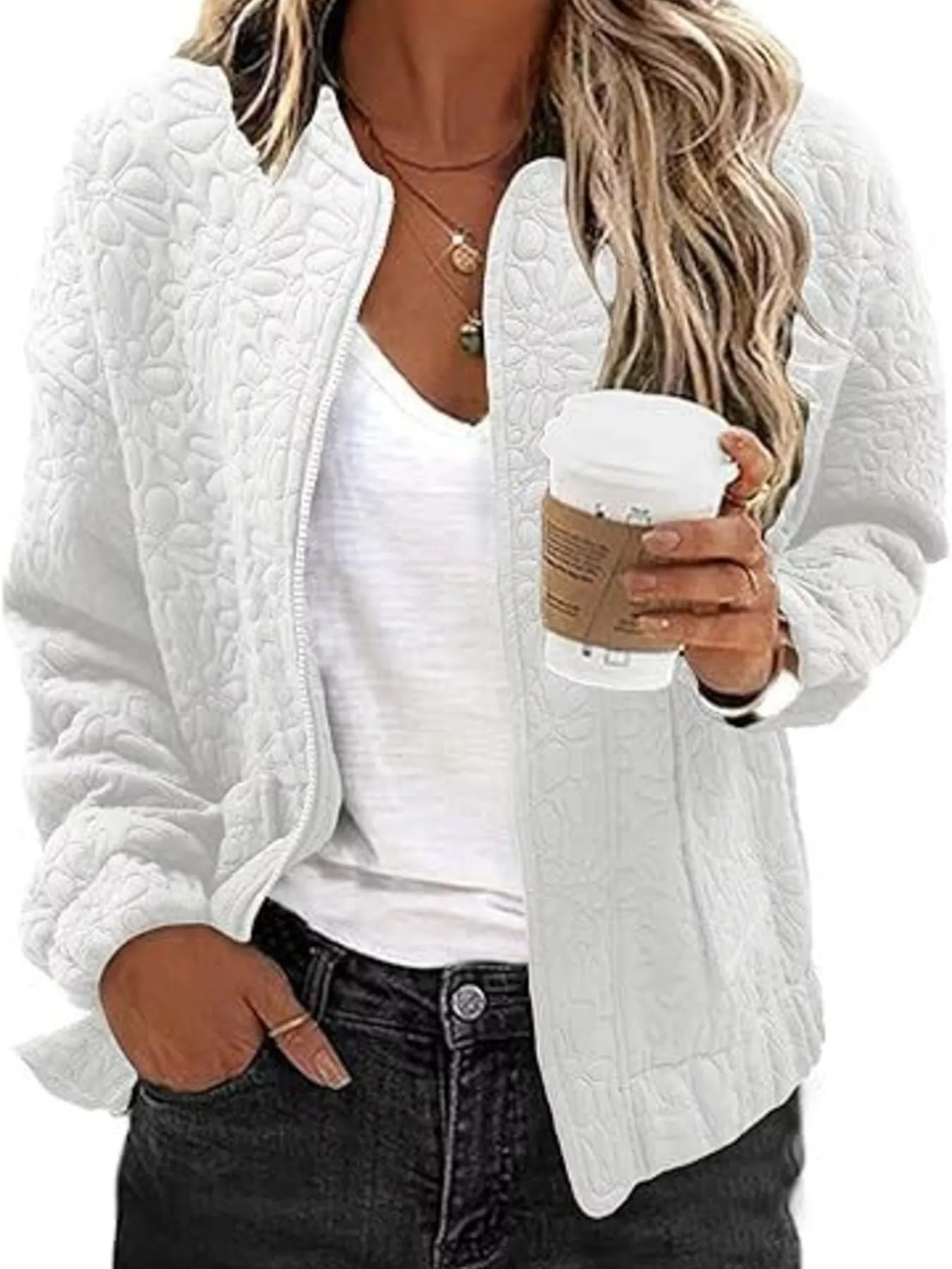 Trendsi Floral Quilted Zip Up Jacket -