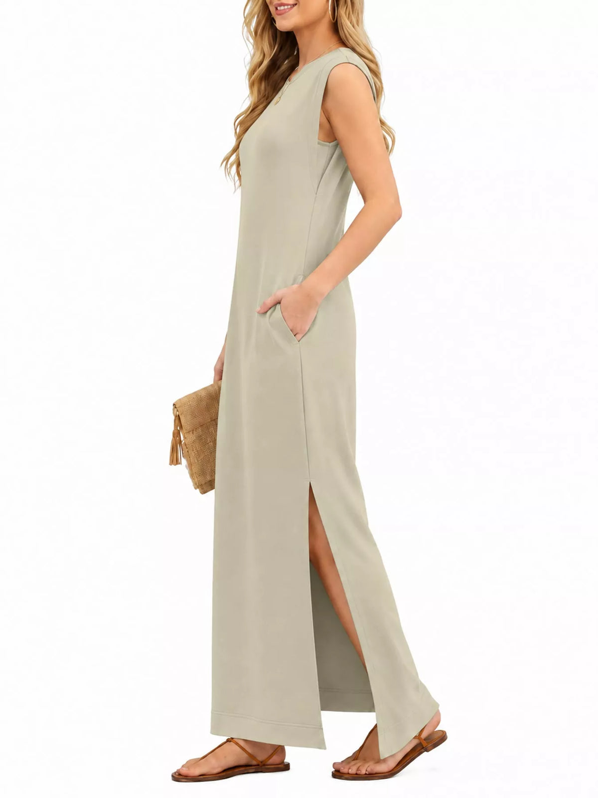 Round neck sleeveless maxi dress, side view