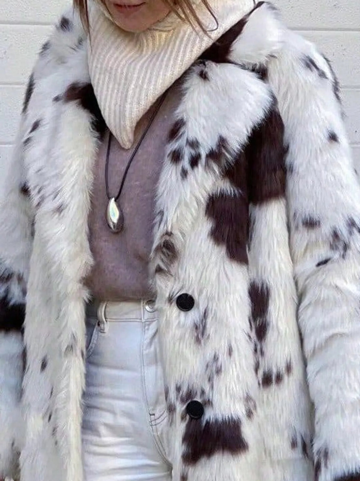 Cow Print Faux Fur Longline Coat, detail view in animal print