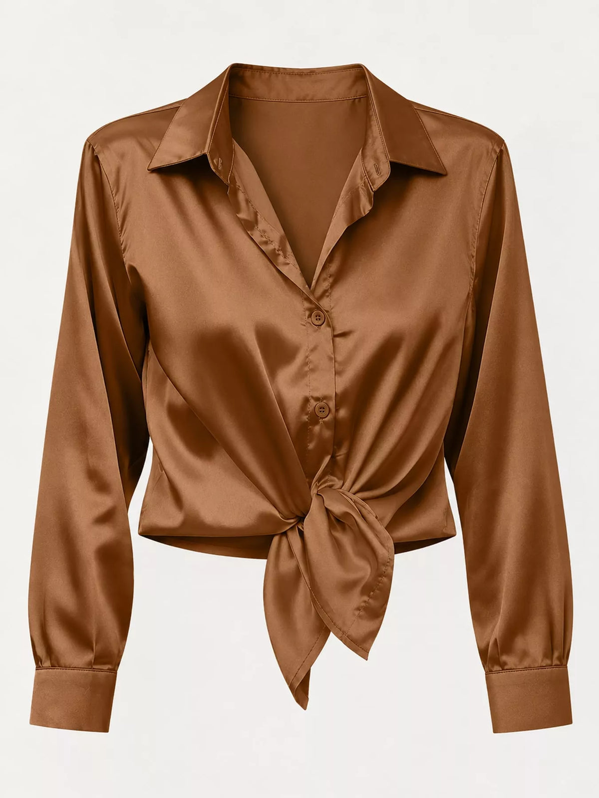 Dark Brown satin button-down long sleeve shirt